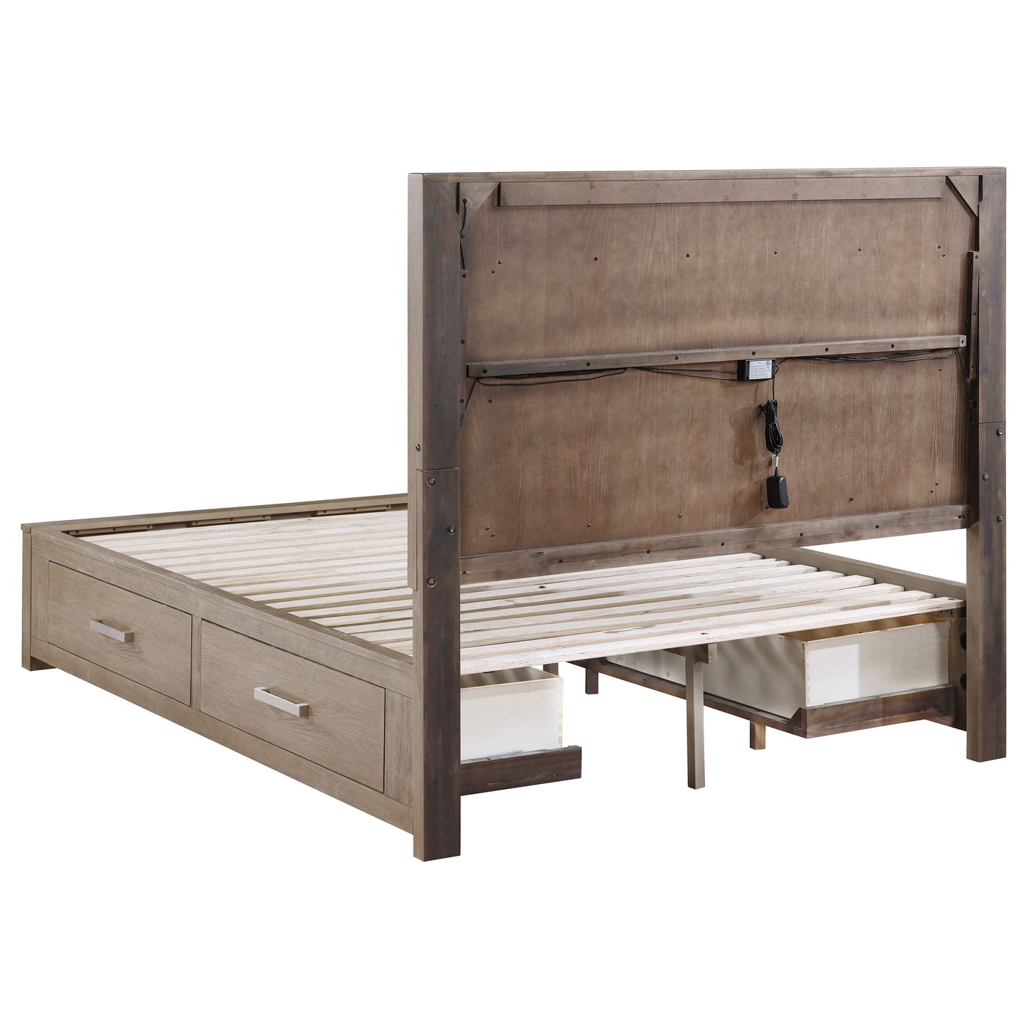 Cama Kenora Eastern King de 56 pulgadas con almacenamiento LED en marrón cebada