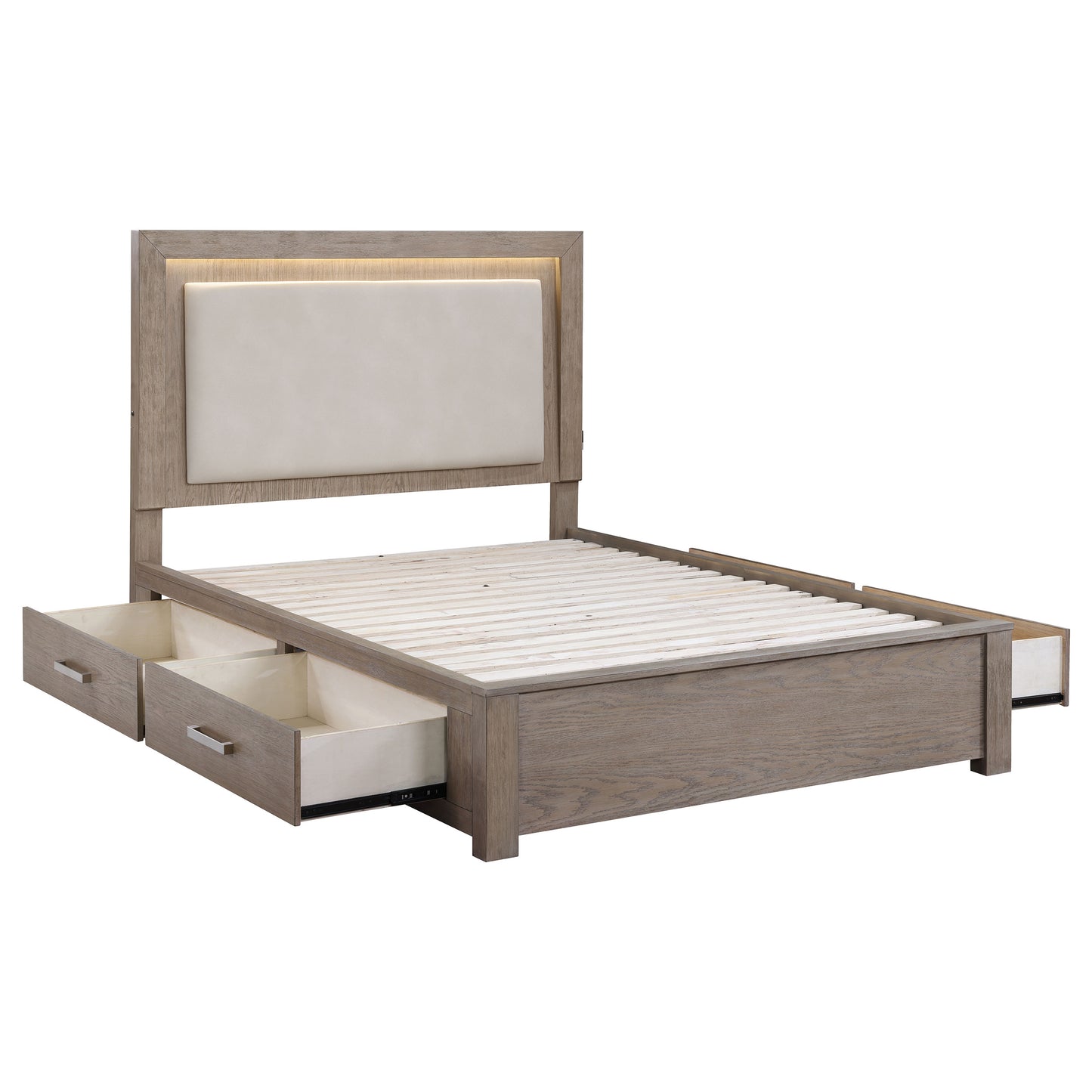 Cama Kenora Queen de 56 pulgadas con almacenamiento y LED en color marrón cebada