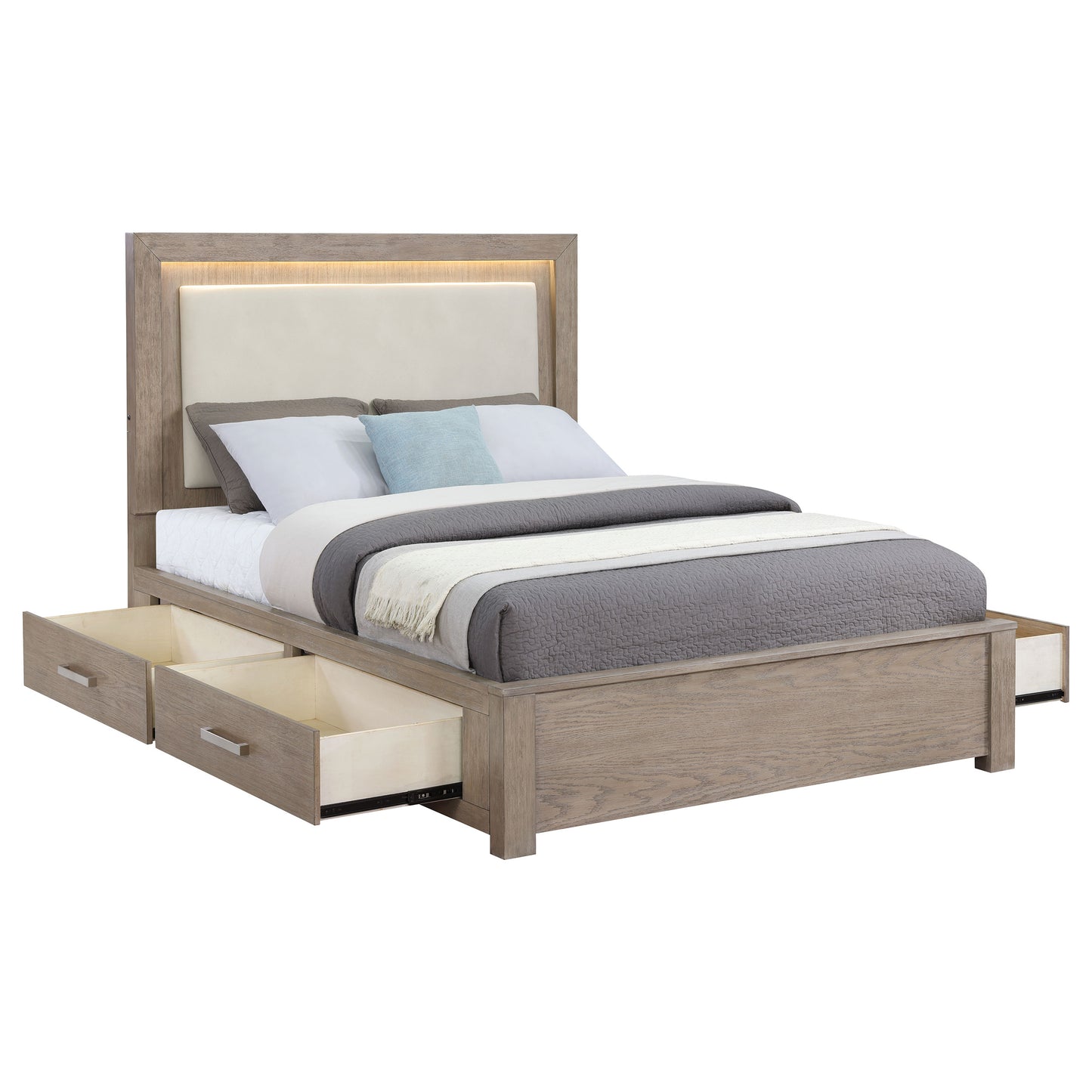 Cama Kenora Queen de 56 pulgadas con almacenamiento y LED en color marrón cebada
