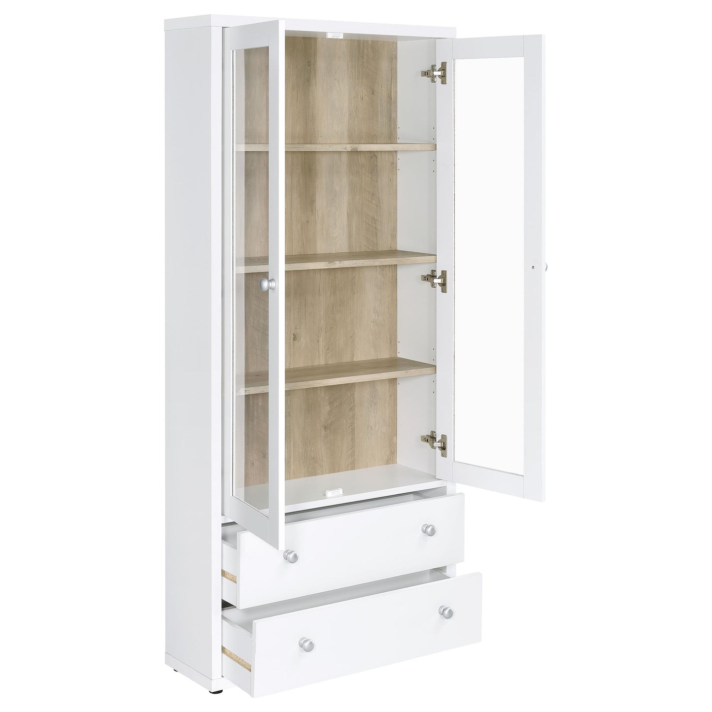 Armario alto Hawthorne de 4 estantes con puertas de vidrio y cajones, color blanco