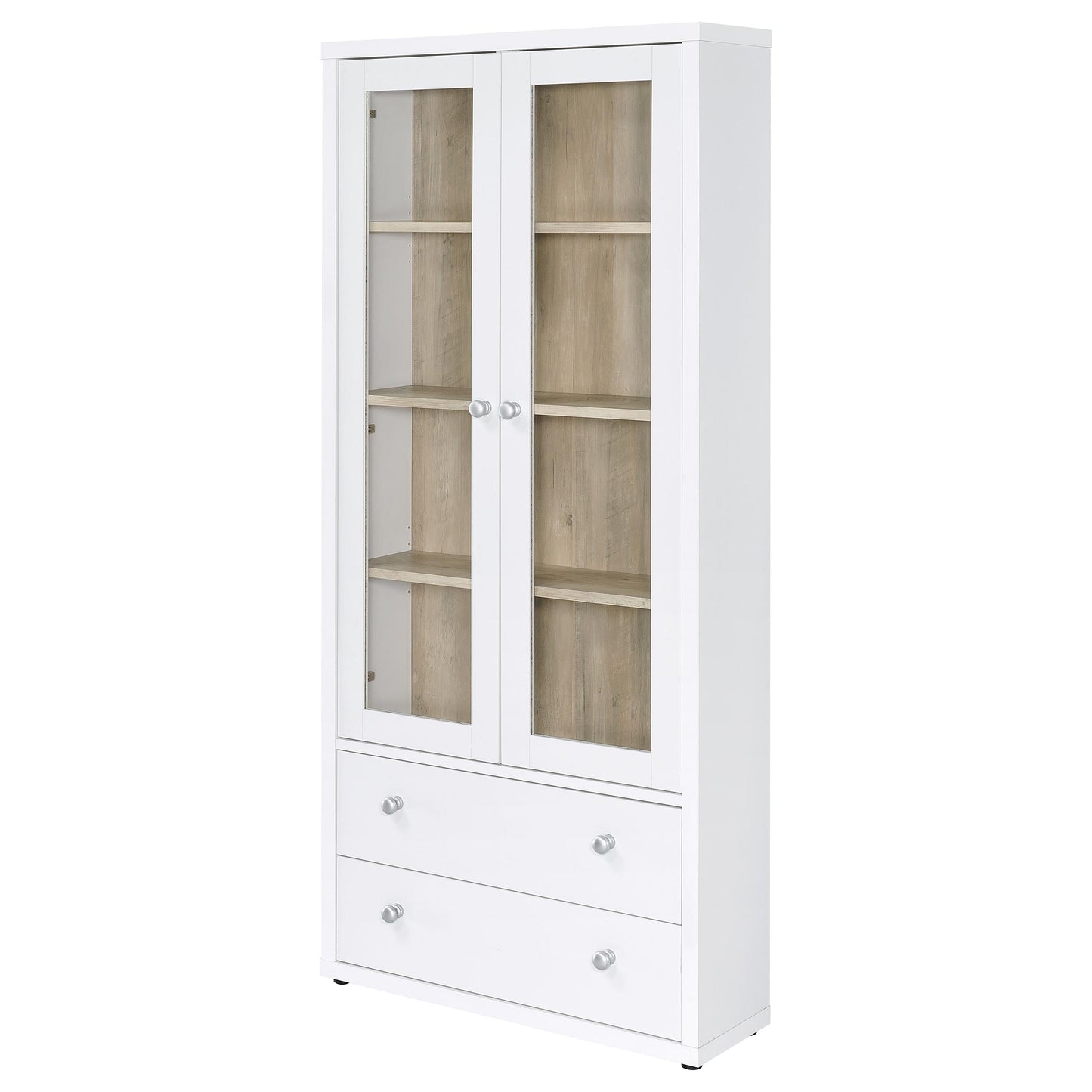 Armario alto Hawthorne de 4 estantes con puertas de vidrio y cajones, color blanco