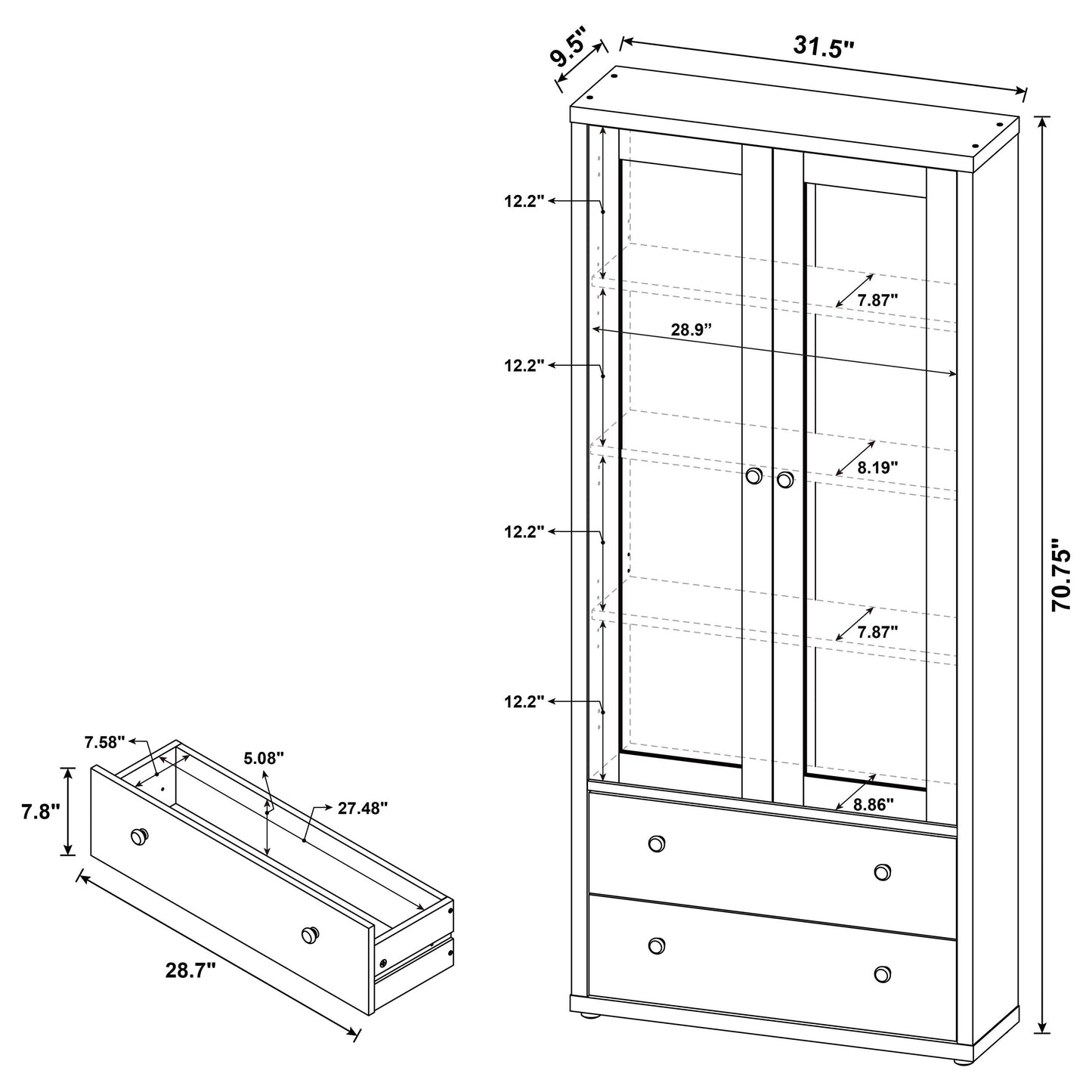 Armario alto Hawthorne de 4 estantes con puertas de vidrio y cajones, color blanco