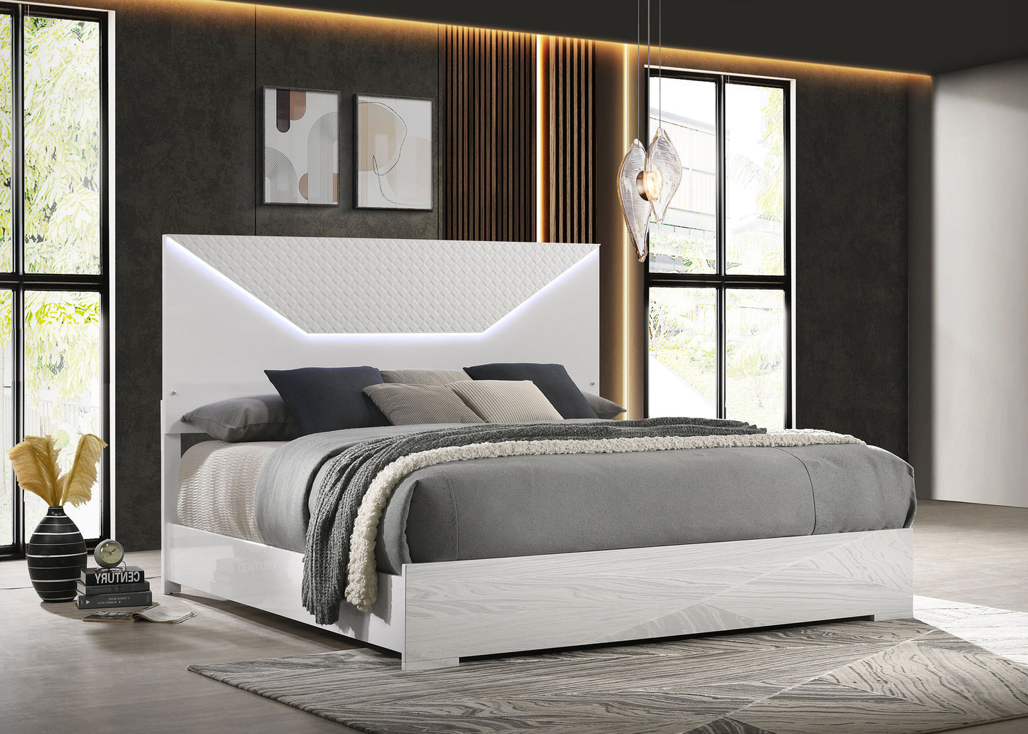 Cabecera de cama con paneles LED Ives Queen en blanco de alto brillo