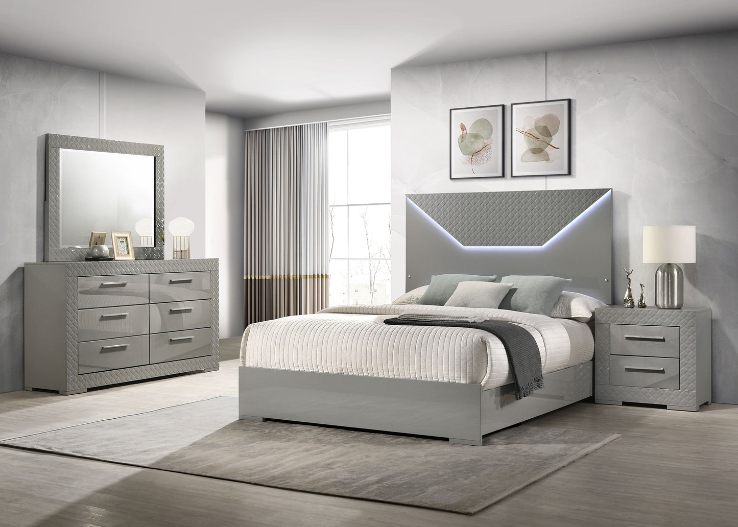 Juego de dormitorio Ives Eastern King de 4 piezas, gris, alto brillo