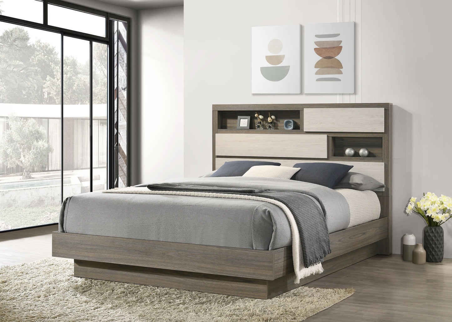 Cabecero con estantería para cama queen Fenwick de roble gris