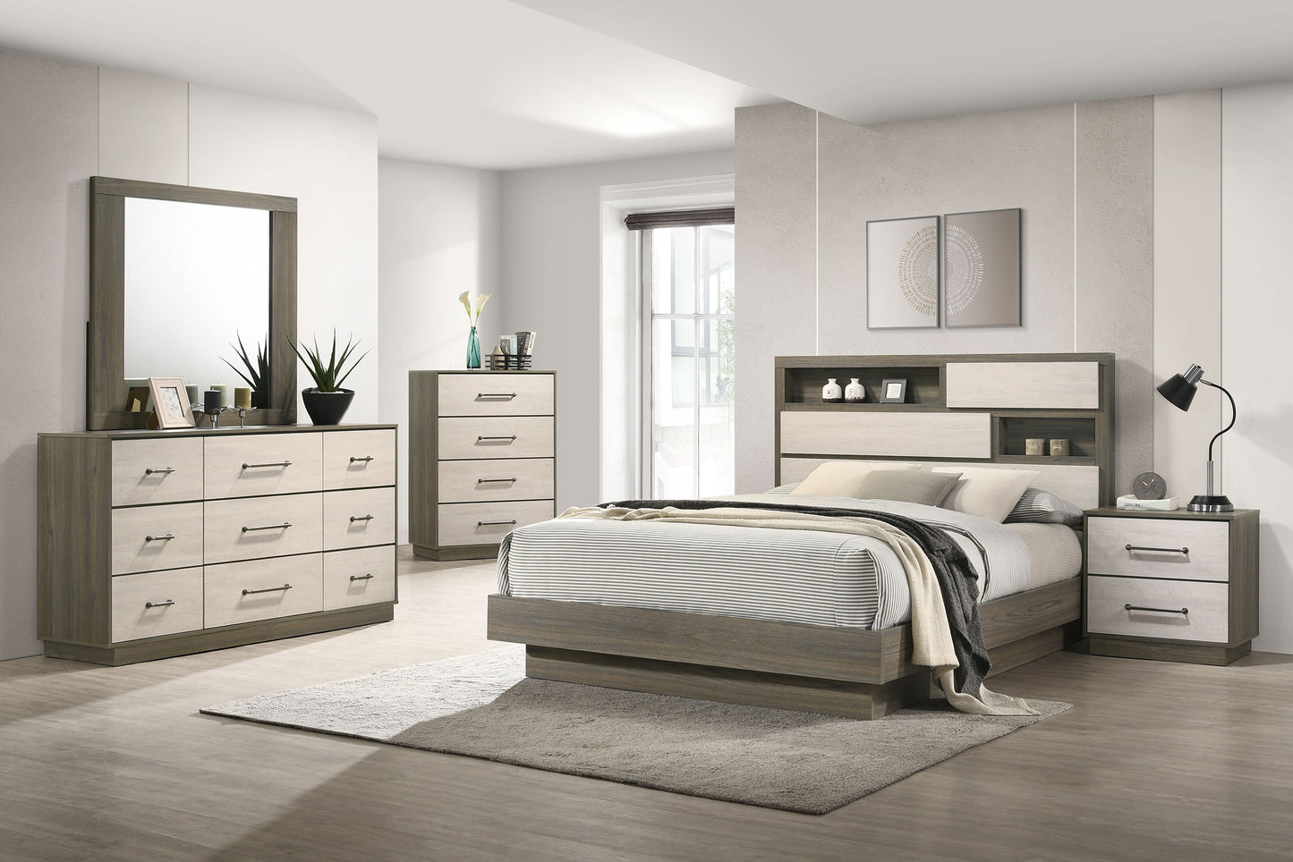 Cabecero con estantería para cama queen Fenwick de roble gris