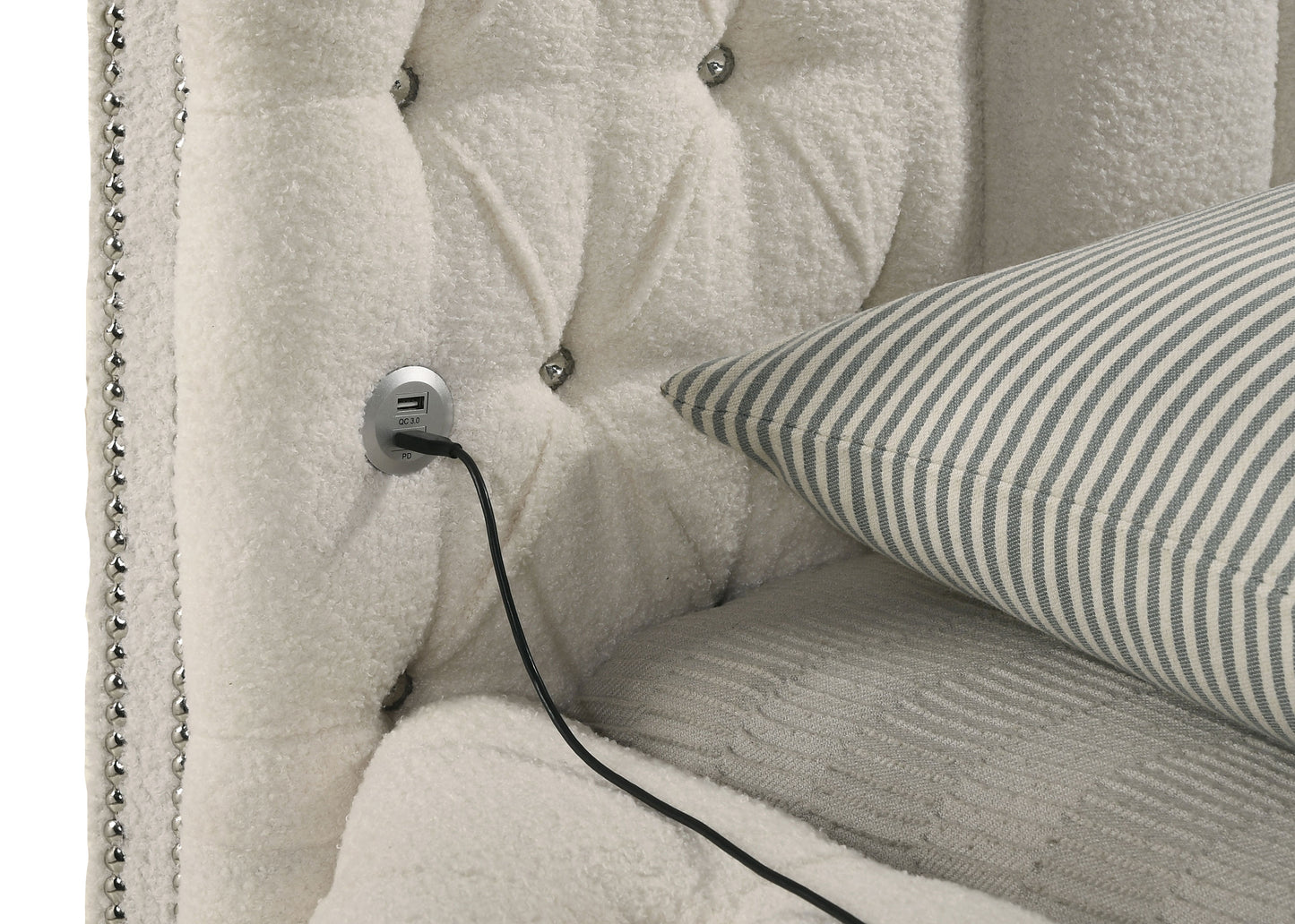 Cama Sonya tapizada Eastern King redonda con almacenaje en color marfil