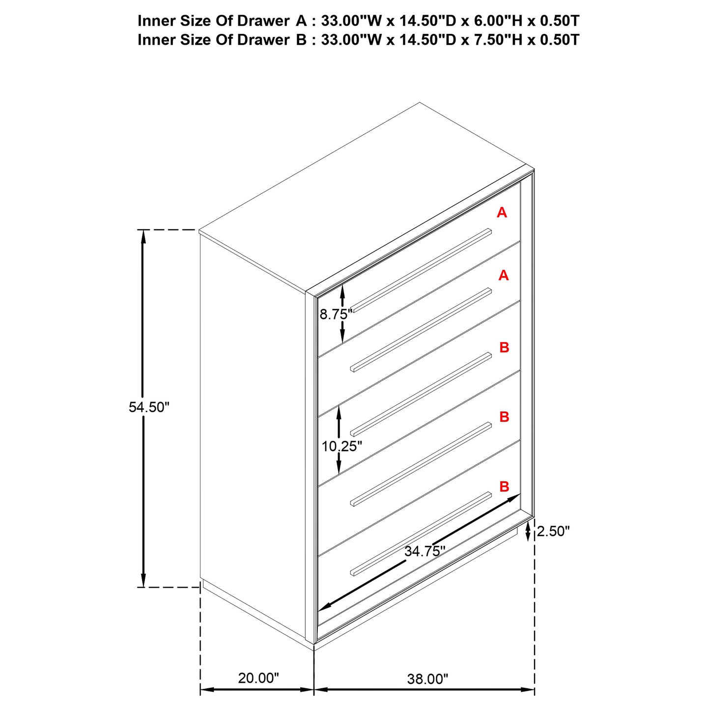 Cómoda de dormitorio Durango de 5 cajones en roble topo