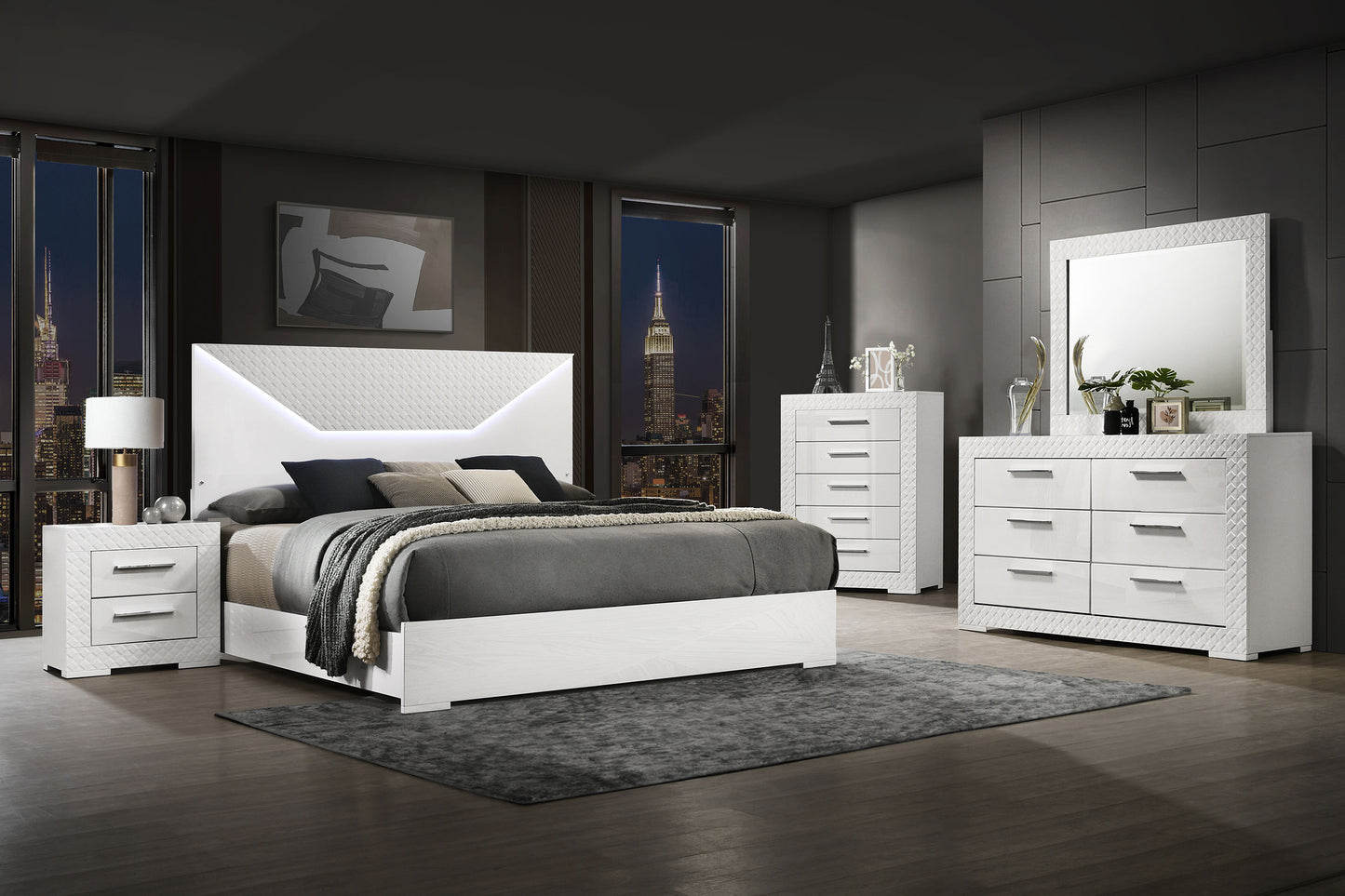 Cabecera de cama con paneles LED Ives Queen en blanco de alto brillo