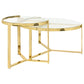 Mesa de centro redonda Delia de dos piezas con tapa de cristal, color dorado