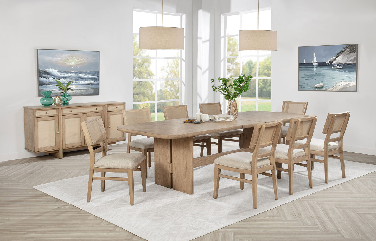 Juego de mesa de comedor rectangular de madera Kailani de 9 piezas en roble beige