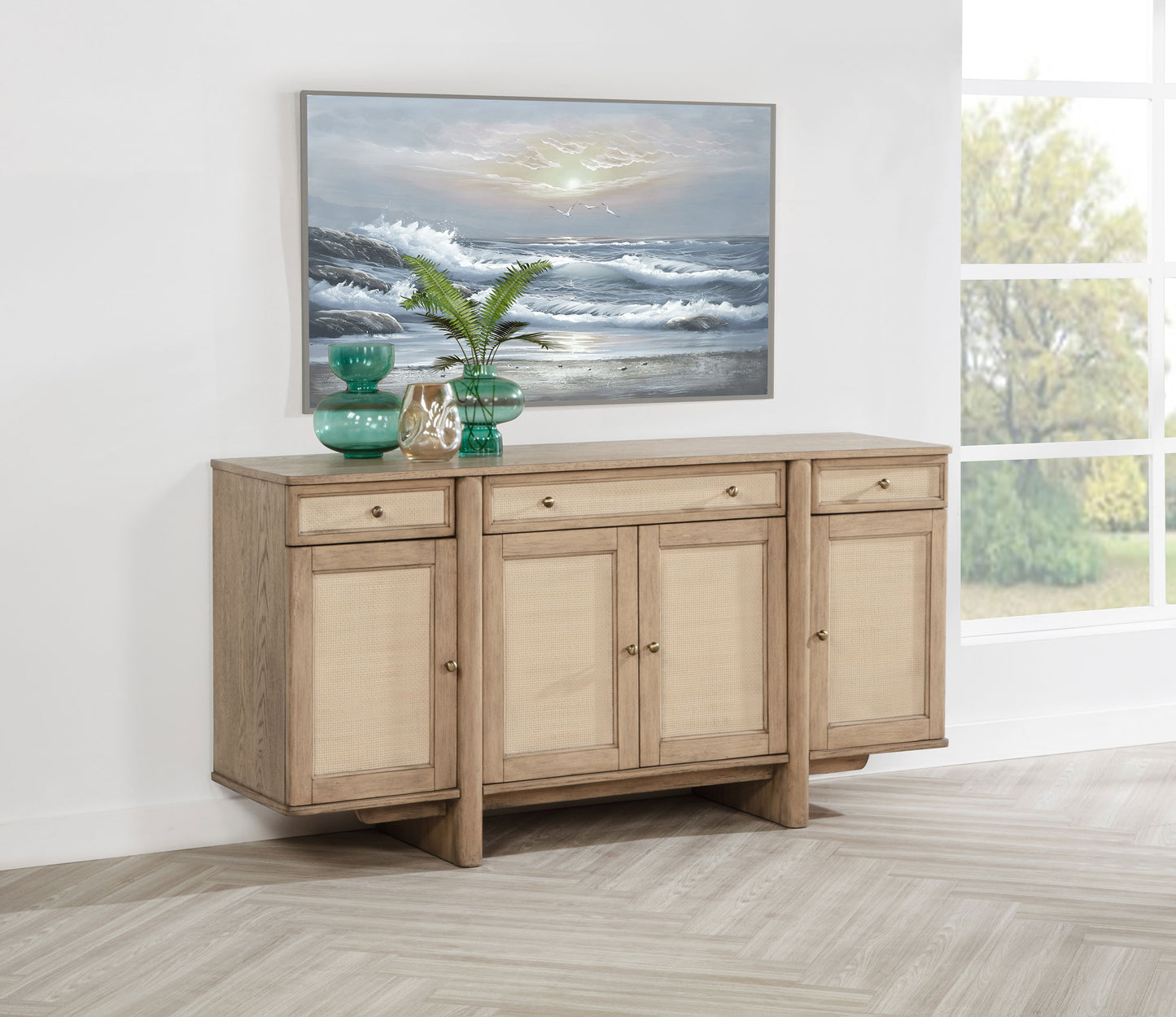 Aparador de caña de 4 puertas Kailani, mueble buffet, roble beige