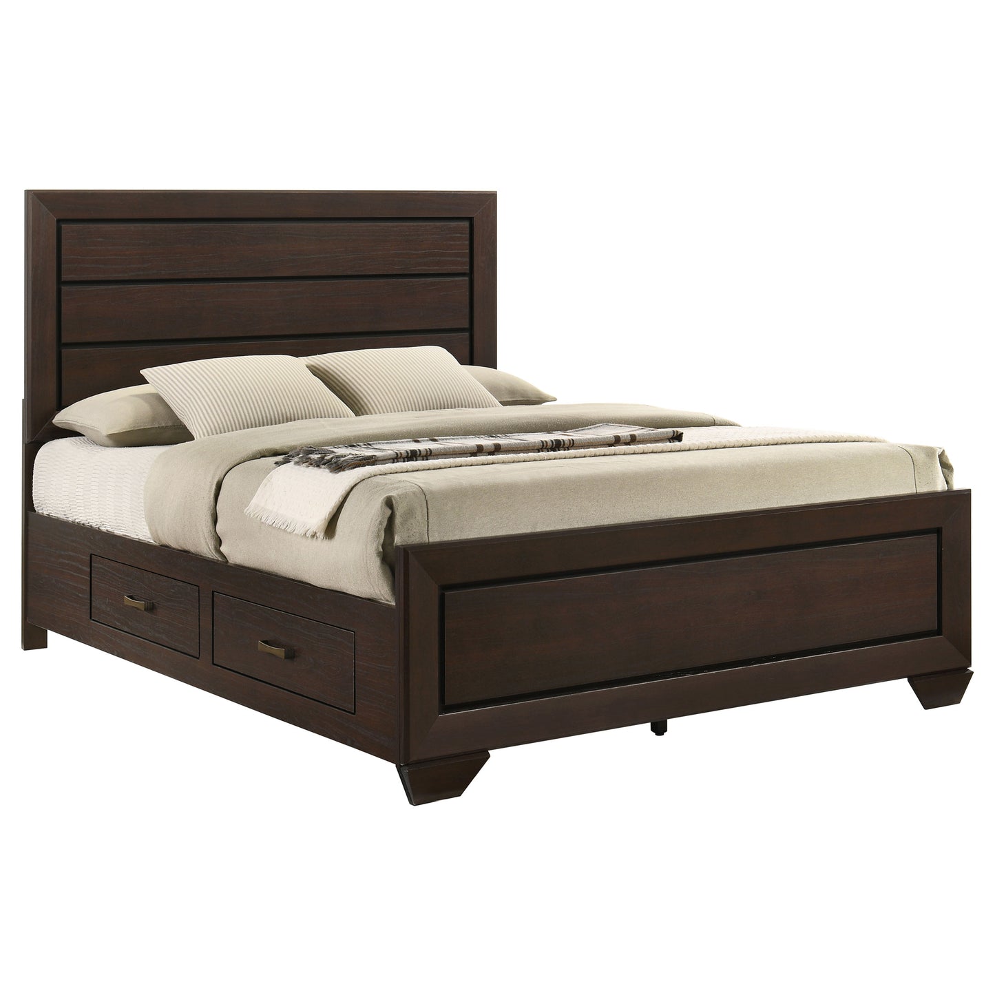 Cama Kauffman Wood Eastern King con paneles de almacenamiento en color cacao oscuro