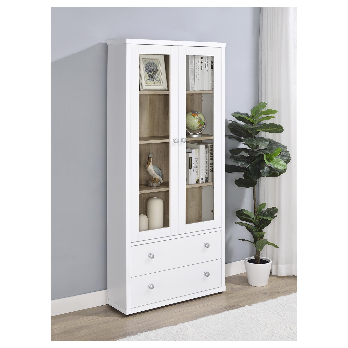 Armario alto Hawthorne de 4 estantes con puertas de vidrio y cajones, color blanco