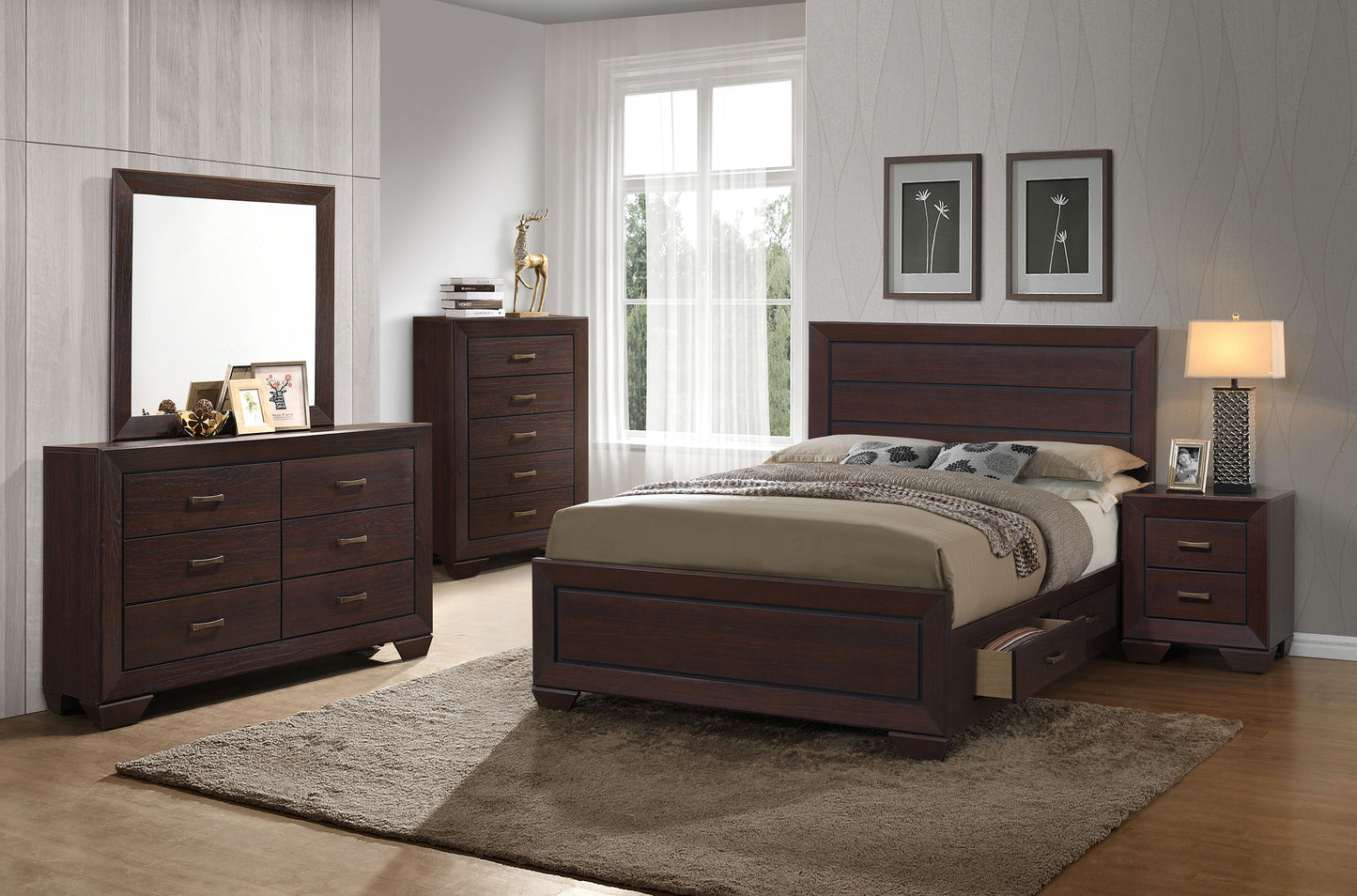 Cama Kauffman Wood Eastern King con paneles de almacenamiento en color cacao oscuro