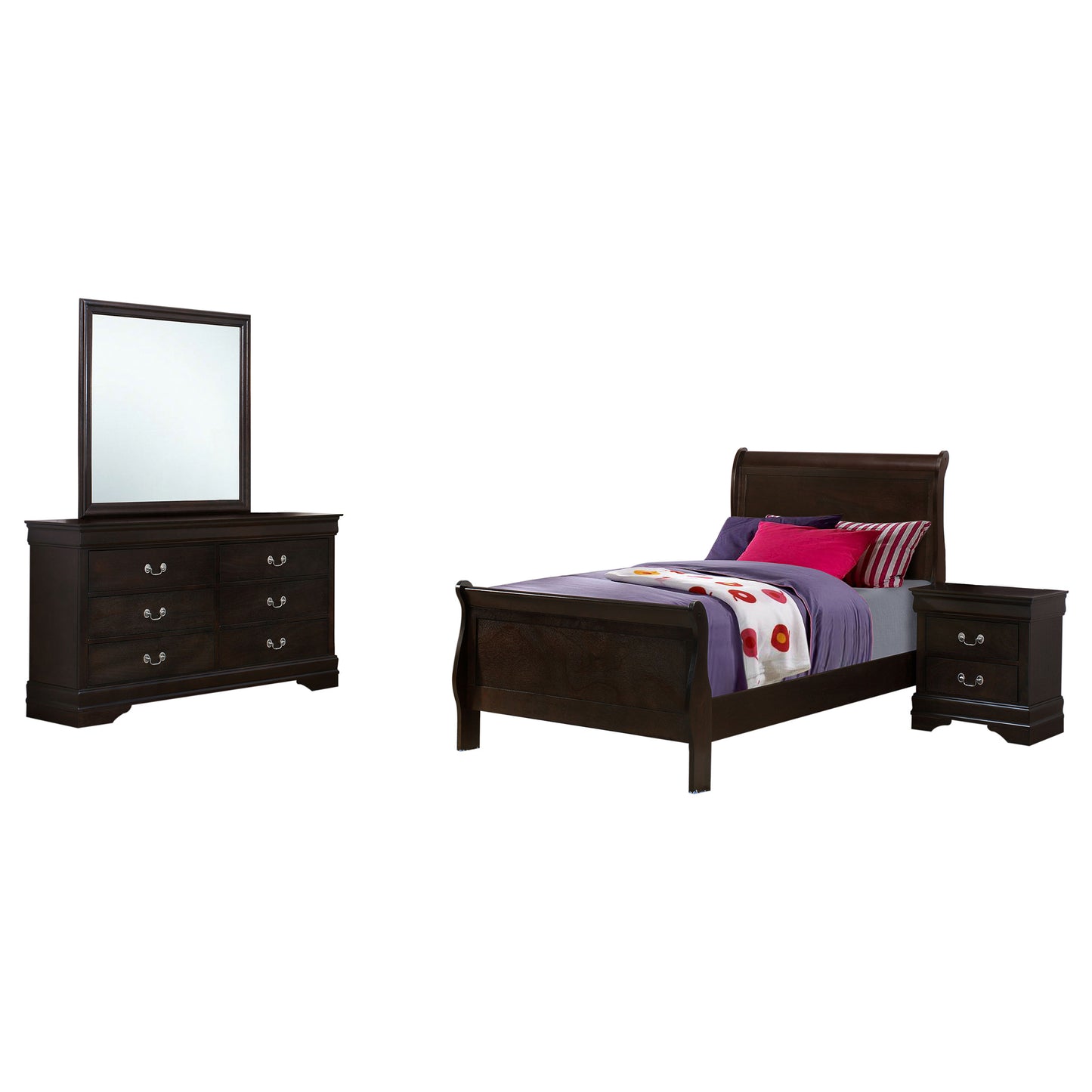 Juego de dormitorio Louis Philippe de 4 piezas con dos camas individuales, color capuchino