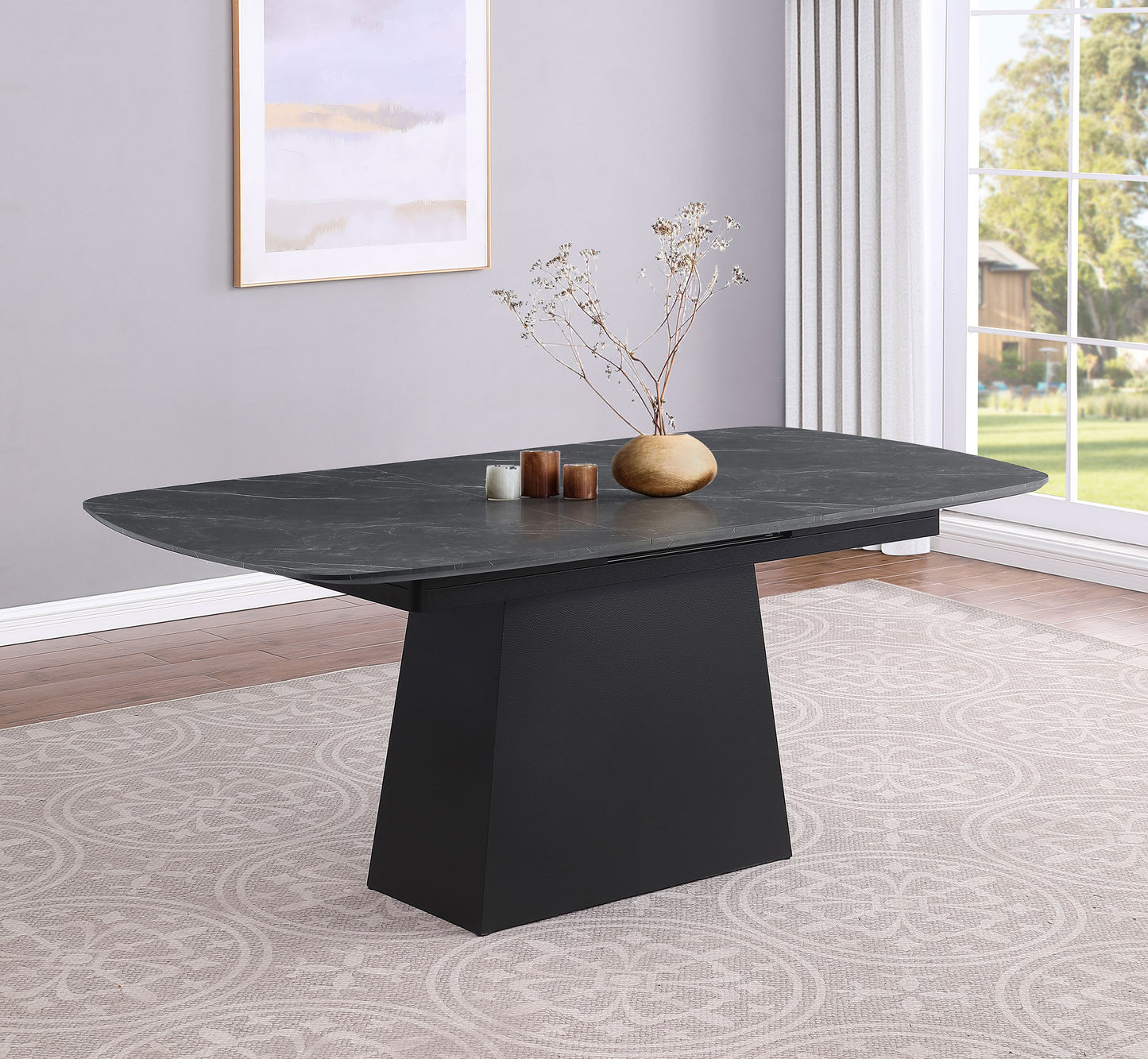 Mesa de comedor extensible Potero de 185 cm con imitación de mármol, color negro