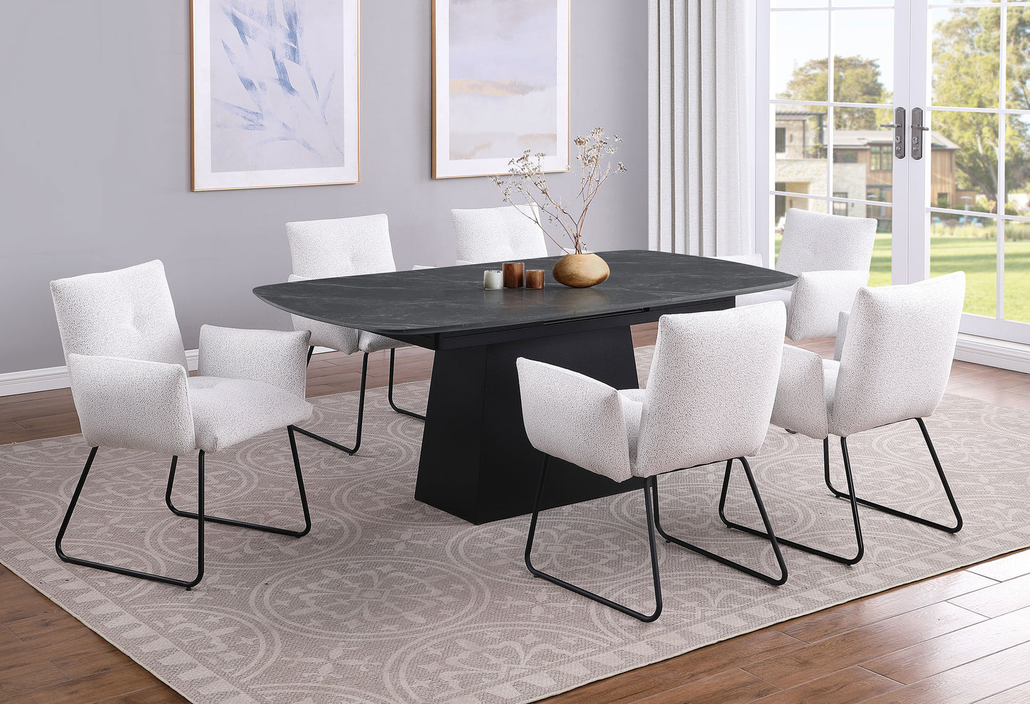 Mesa de comedor extensible Potero de 185 cm con imitación de mármol, color negro