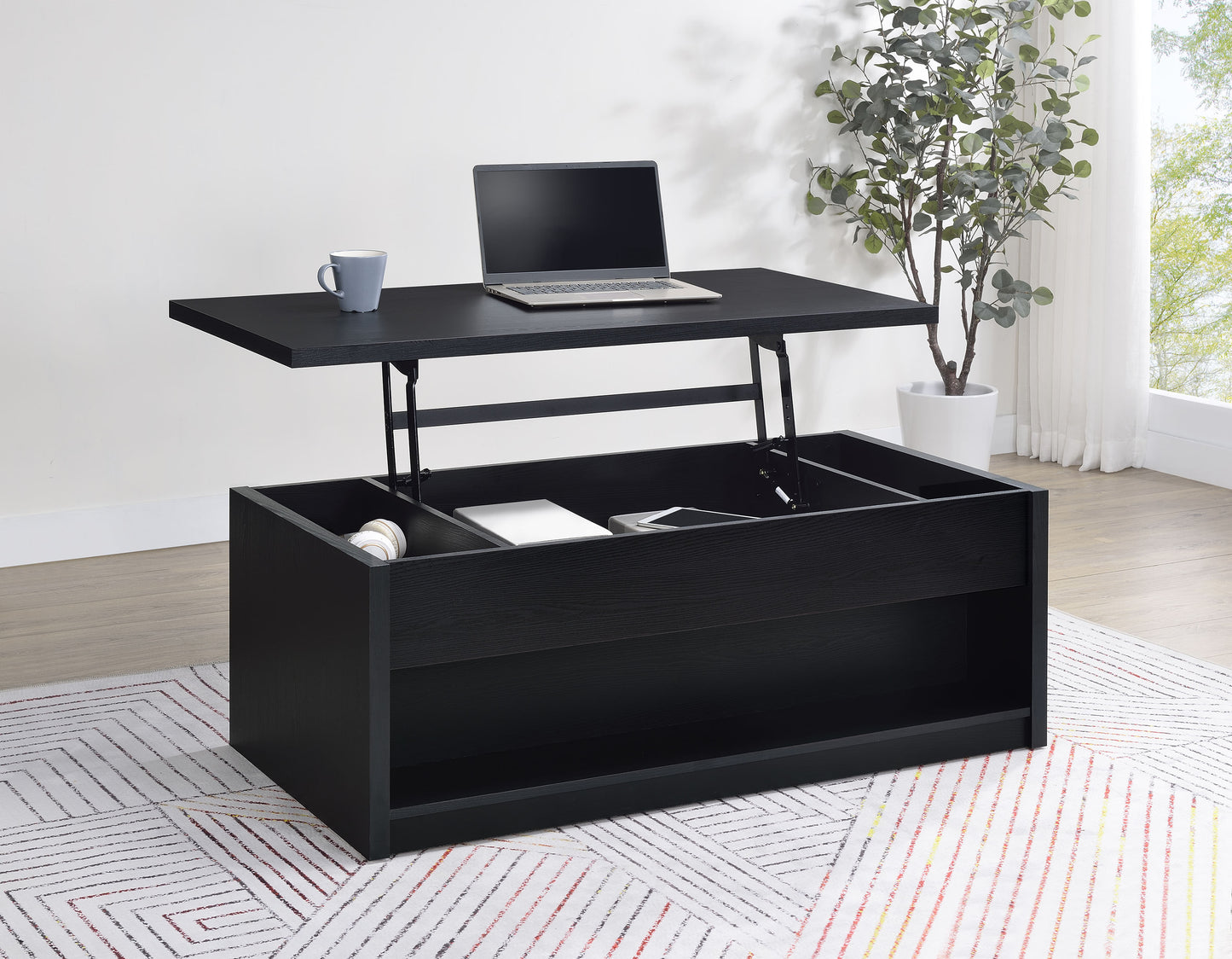 Mesa de centro elevable Knapp con dos cajones, color negro
