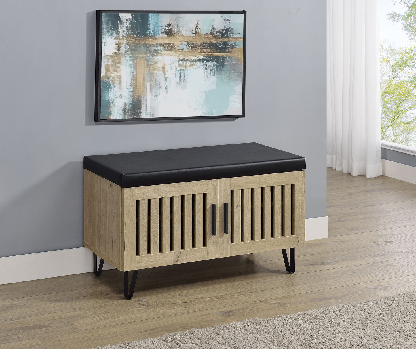 Banco de entrada acolchado para zapatos Brixton de 2 puertas, roble blanco