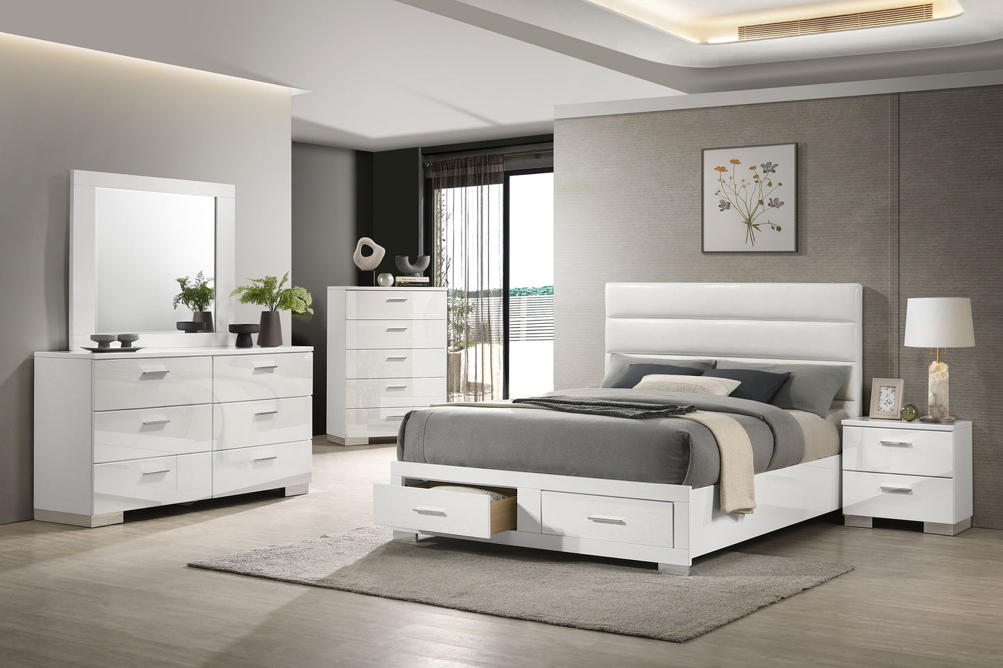 Juego de dormitorio Felicity de 5 piezas con plataforma tamaño queen, color blanco