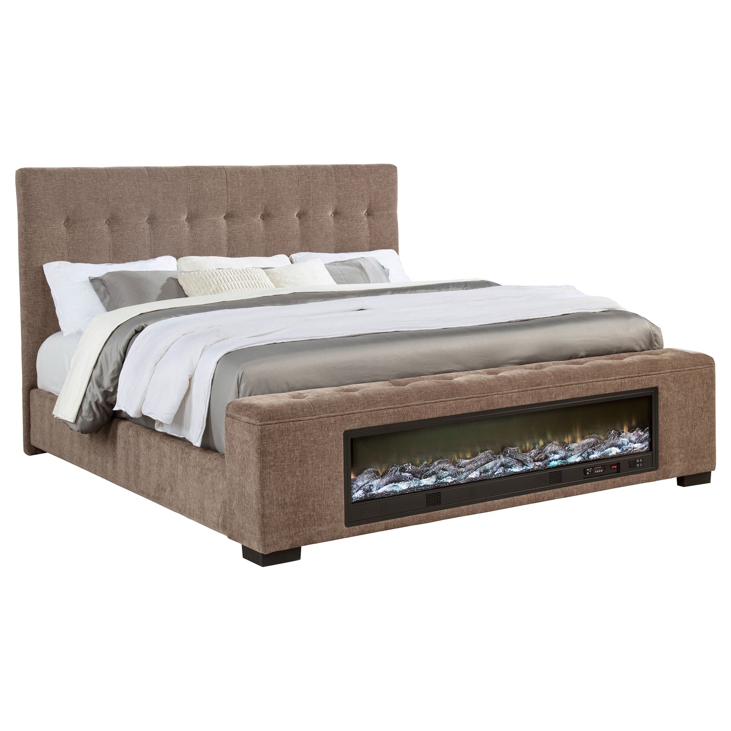 Cama Senna tapizada Queen con audio y visualizador de llamas, color marrón