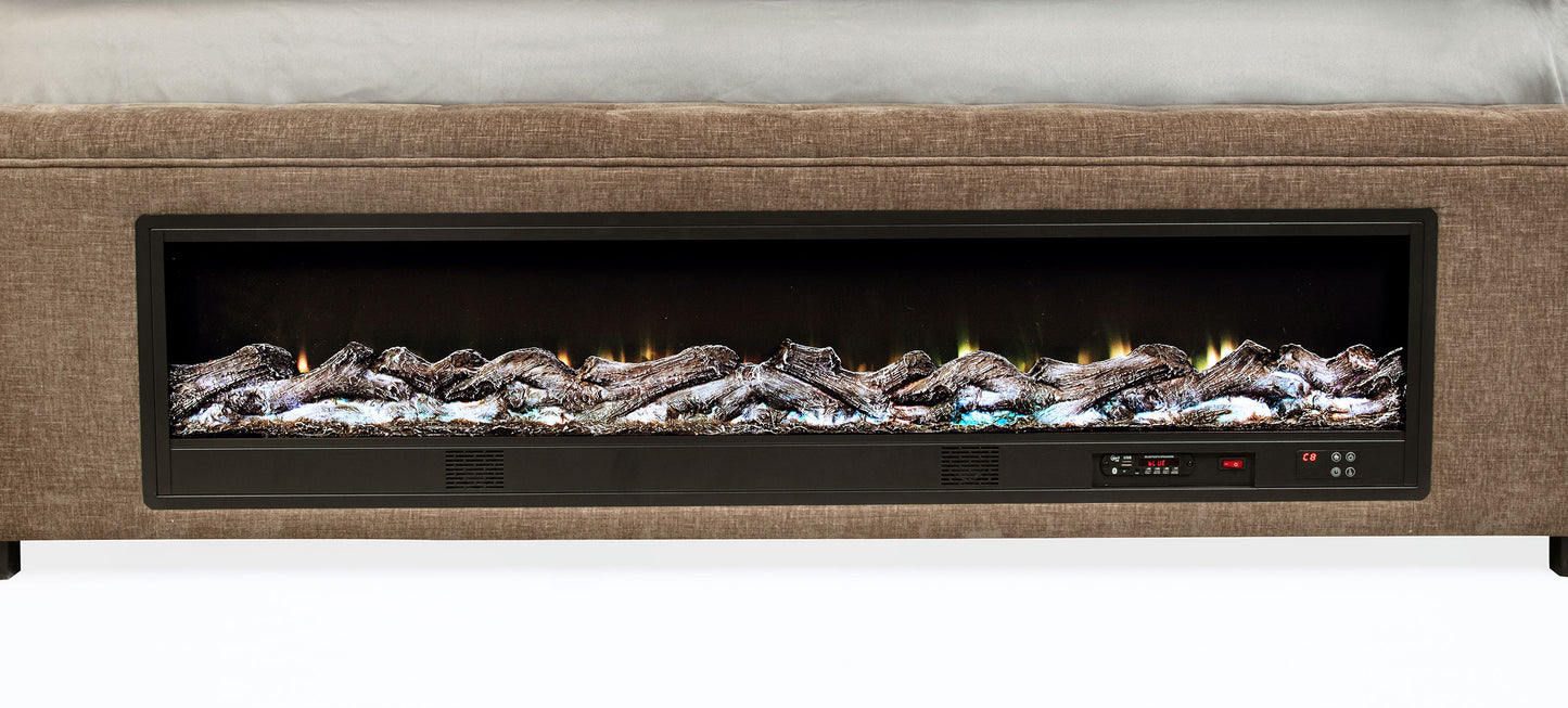 Cama Senna tapizada Queen con audio y visualizador de llamas, color marrón