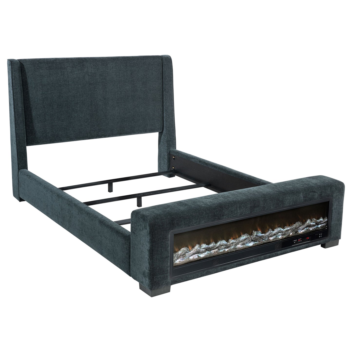 Cama Preston tapizada Eastern King con audio y visualizador de llamas, color azul oscuro