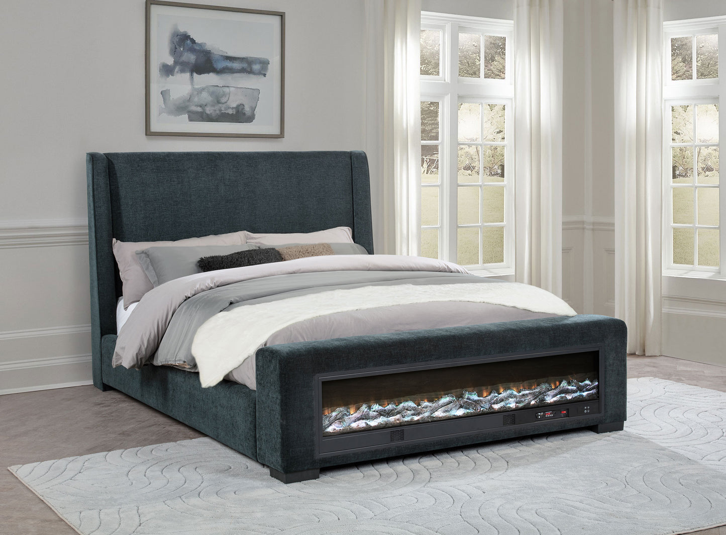 Cama Preston tapizada Eastern King con audio y visualizador de llamas, color azul oscuro