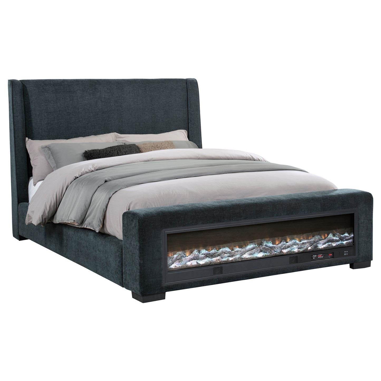 Cama Preston tapizada California King con audio y visualizador de llamas, color azul oscuro