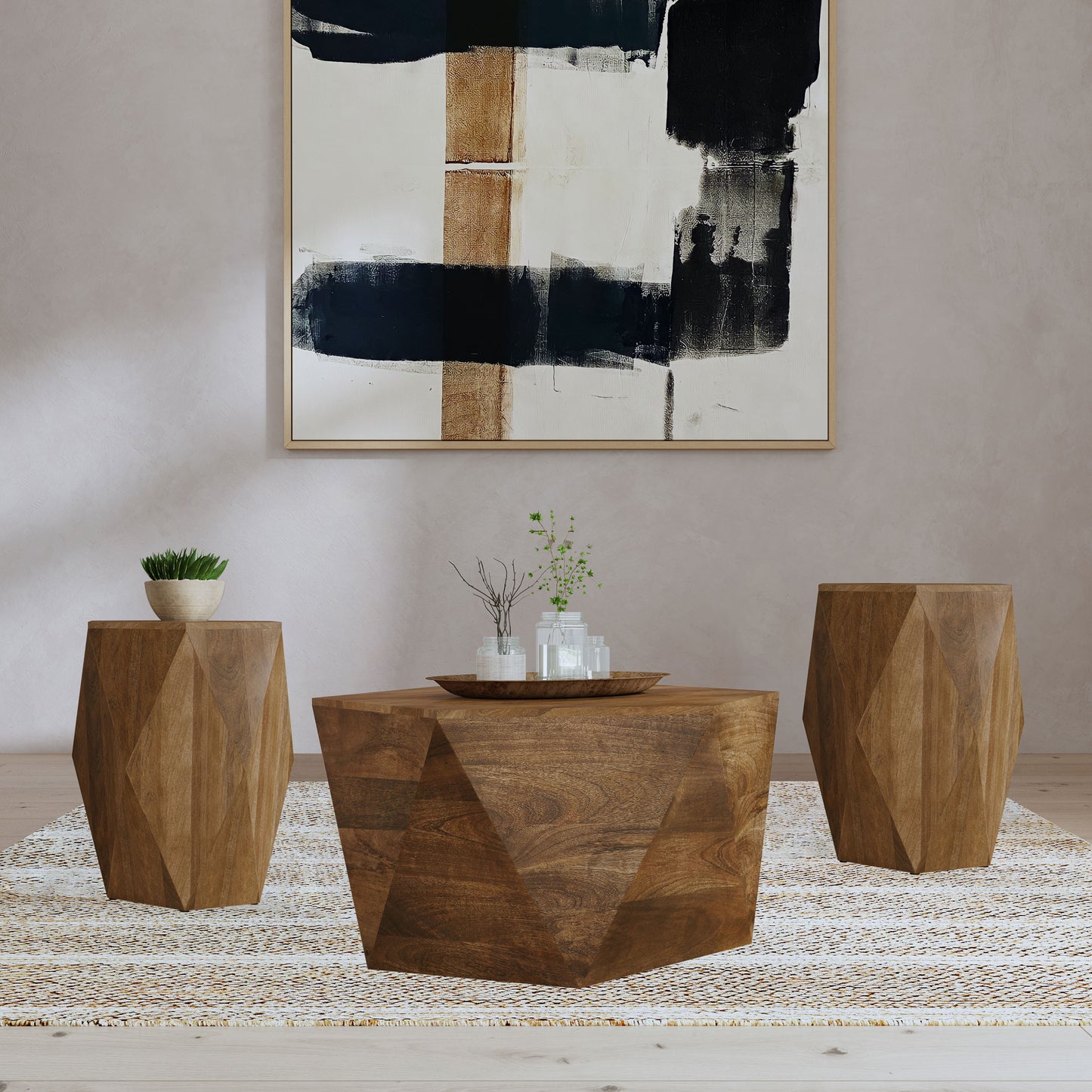 Juego de mesa de centro y auxiliar de 3 piezas de madera maciza Zalika, color natural