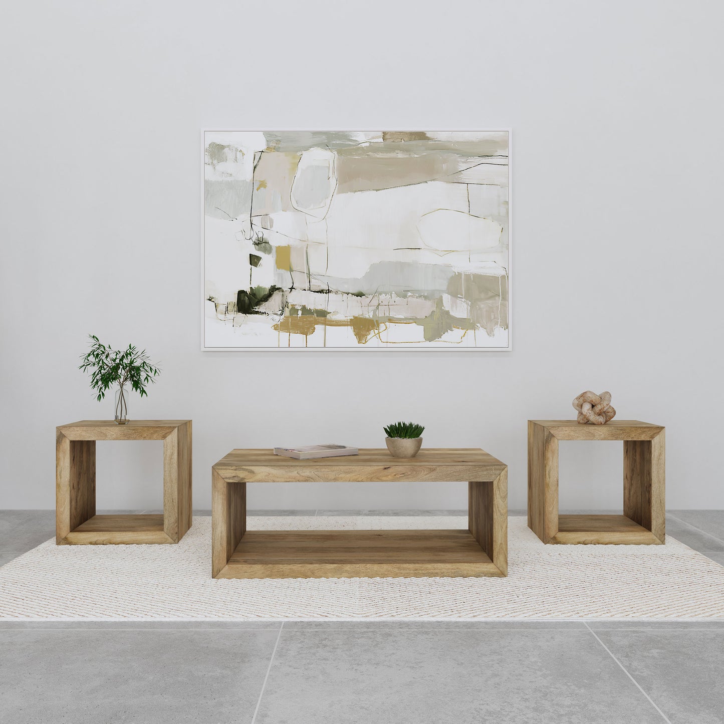 Juego de mesa auxiliar y de centro Benton de 3 piezas de mango macizo, color natural