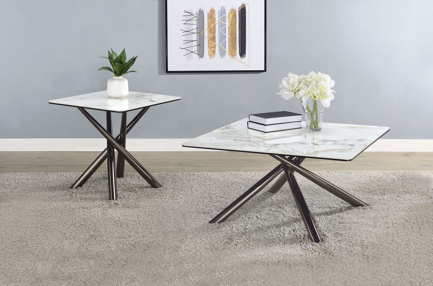 Mesa de centro Carvell cuadrada con superficie de piedra sinterizada Mirage White