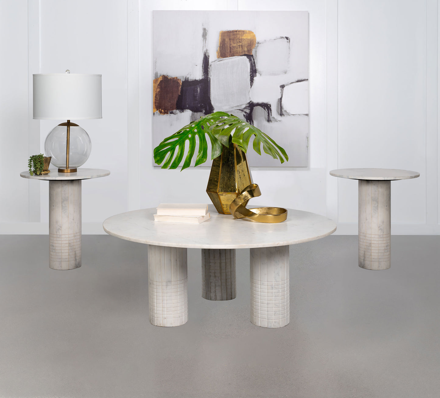 Juego de mesa de centro y auxiliar de mármol Astoria de 3 piezas en blanco