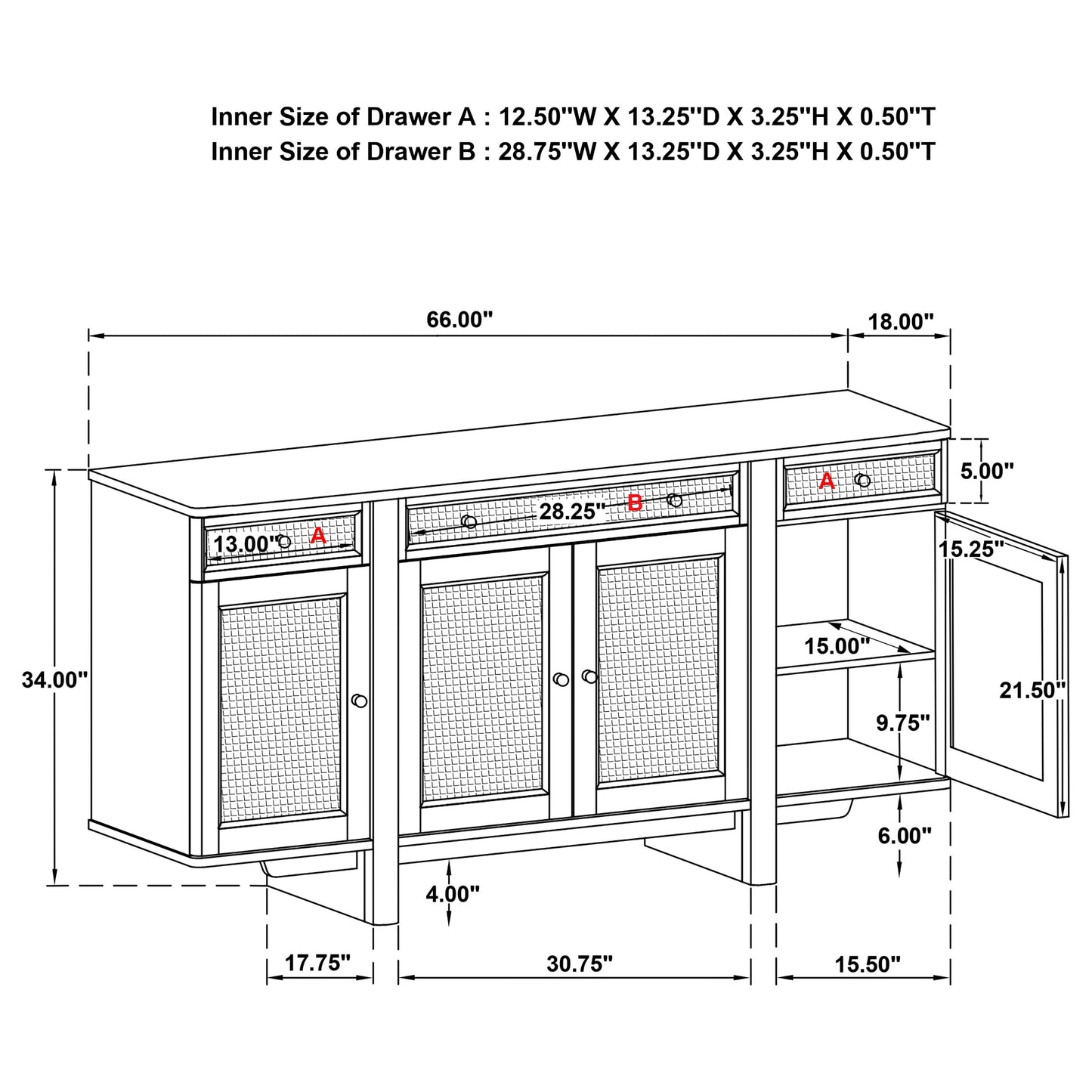 Aparador de caña de 4 puertas Kailani, mueble buffet, roble beige