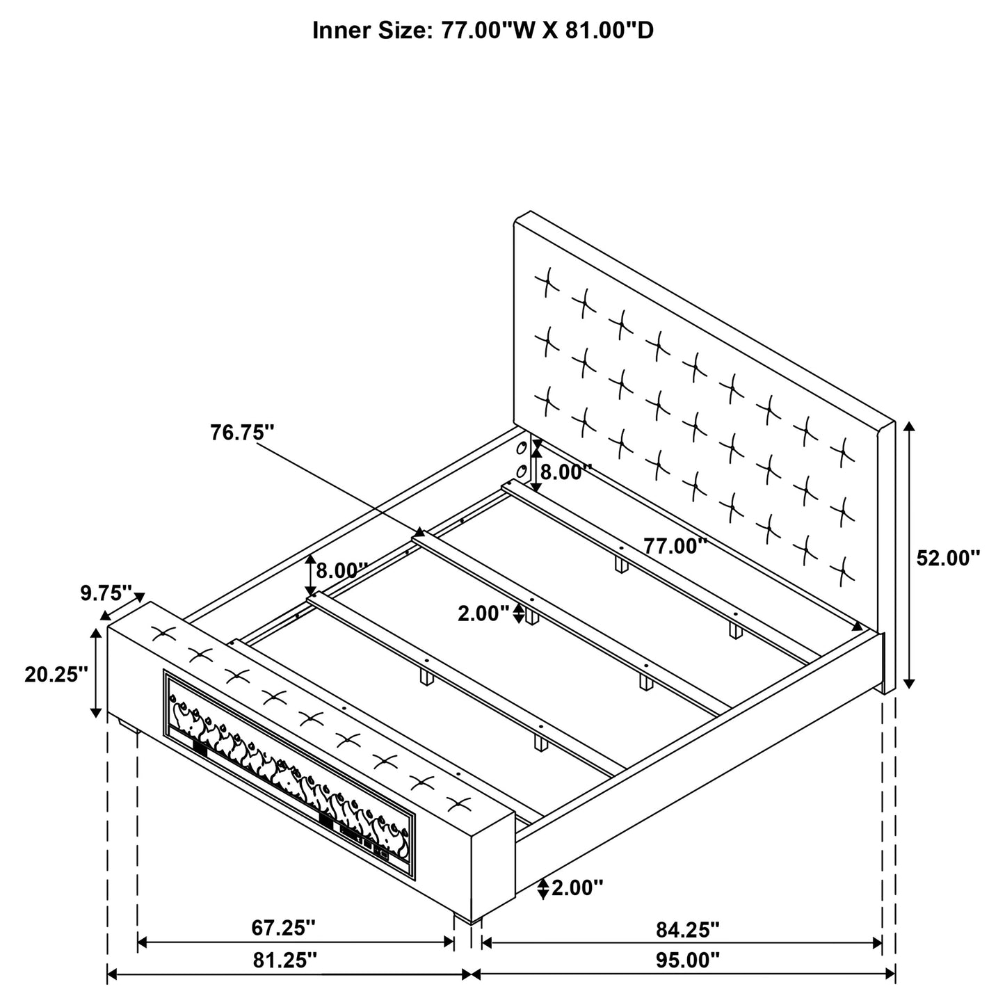 Cama Senna tapizada Eastern King con audio y visualizador de llamas, color marrón