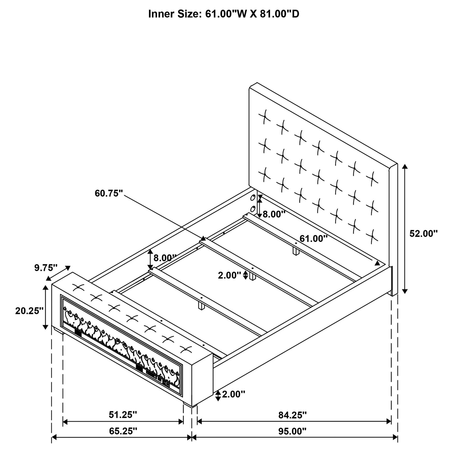 Cama Senna tapizada Queen con audio y visualizador de llamas, color marrón