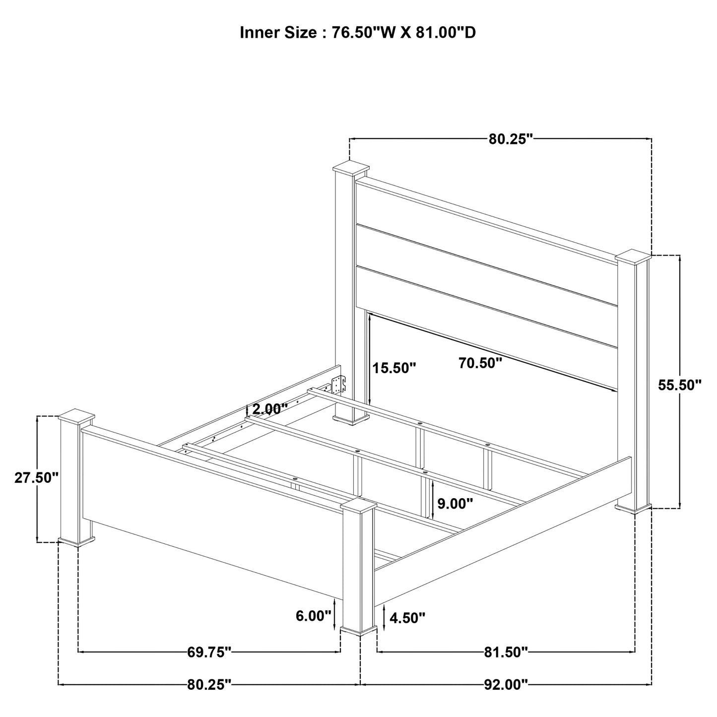 Cama Oakglen de 55 pulgadas con paneles estilo Eastern King, roble desgastado