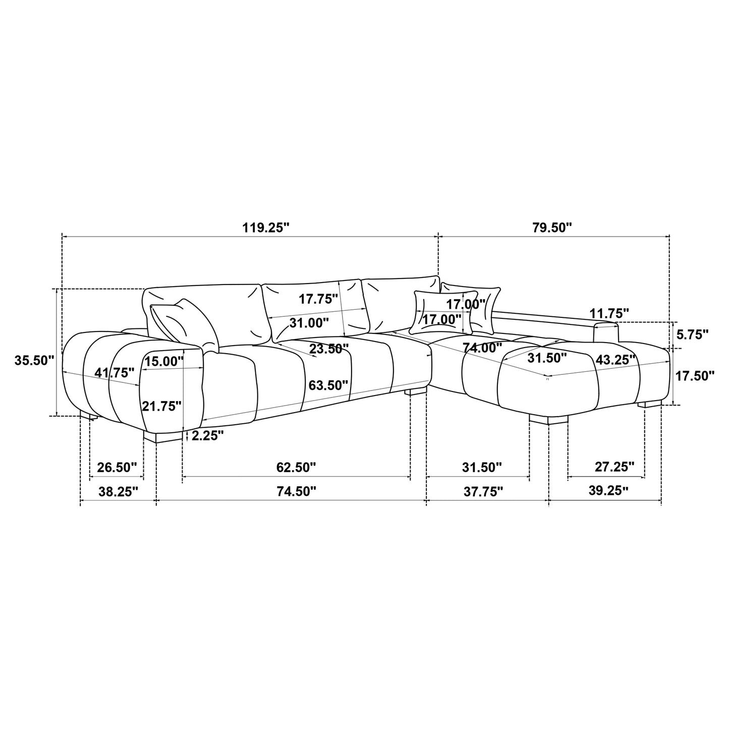 Sofá chaise longue seccional tapizado Octavia gris carbón