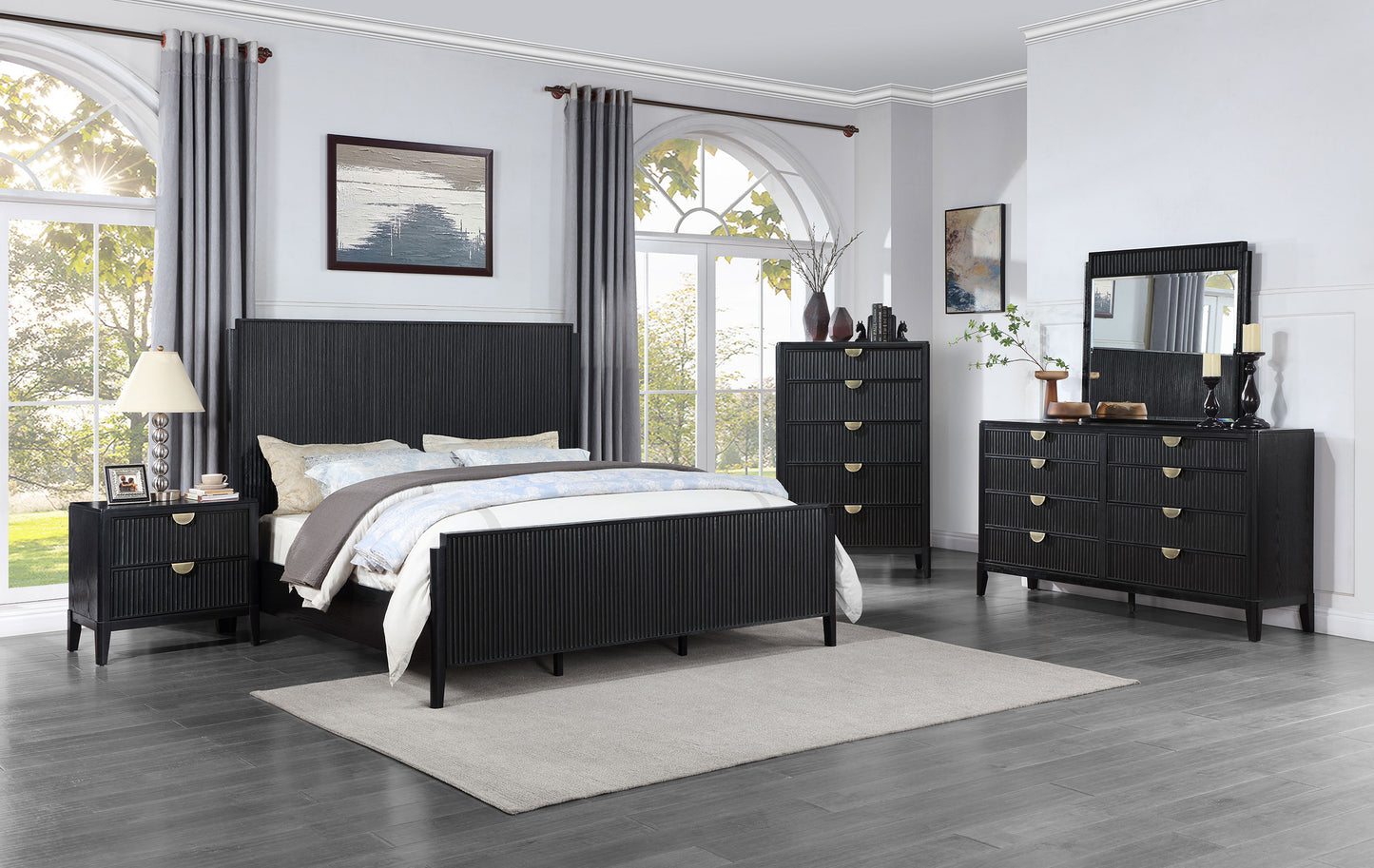 Cama Queen con paneles de madera Brookmead, color negro