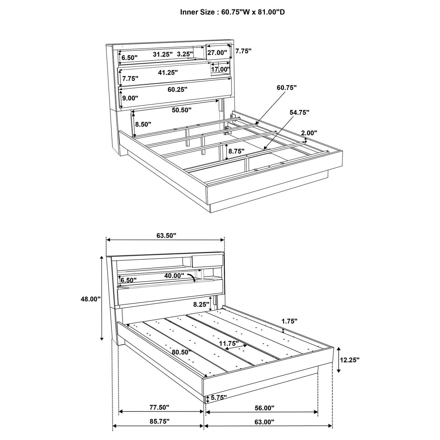 Cabecero con estantería para cama queen Fenwick de roble gris