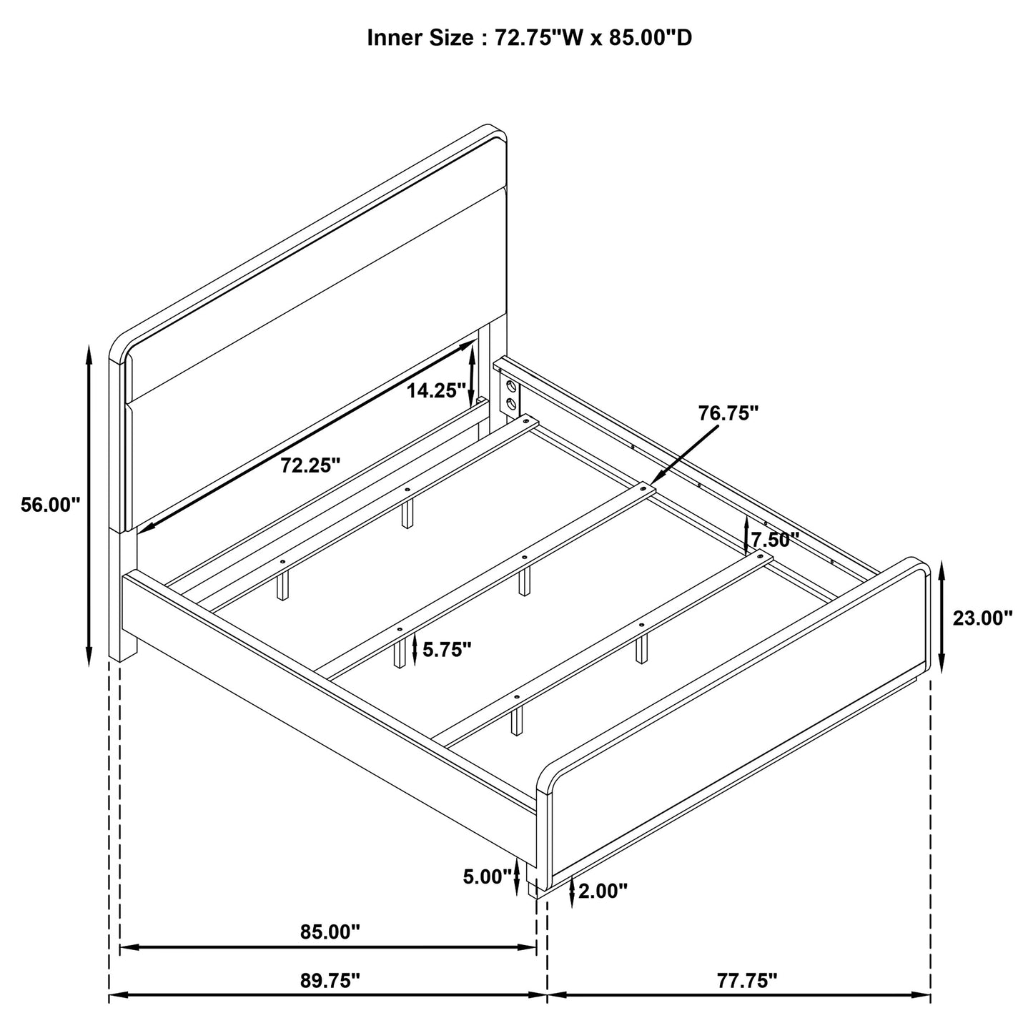 Cama Ladera California King de 56 pulgadas con paneles en color olmo claro