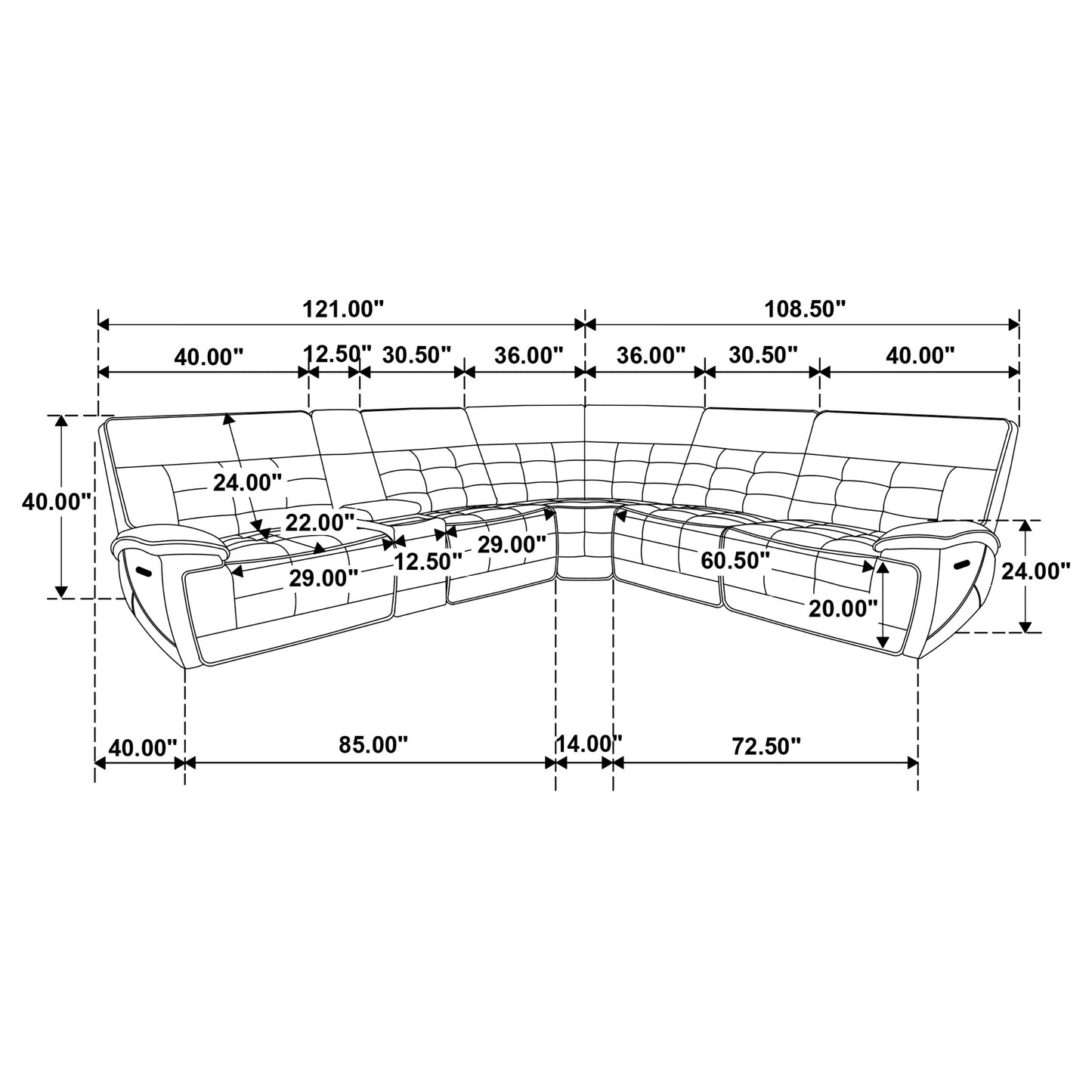 Sofá seccional reclinable eléctrico doble de cuero Hewitt, color negro