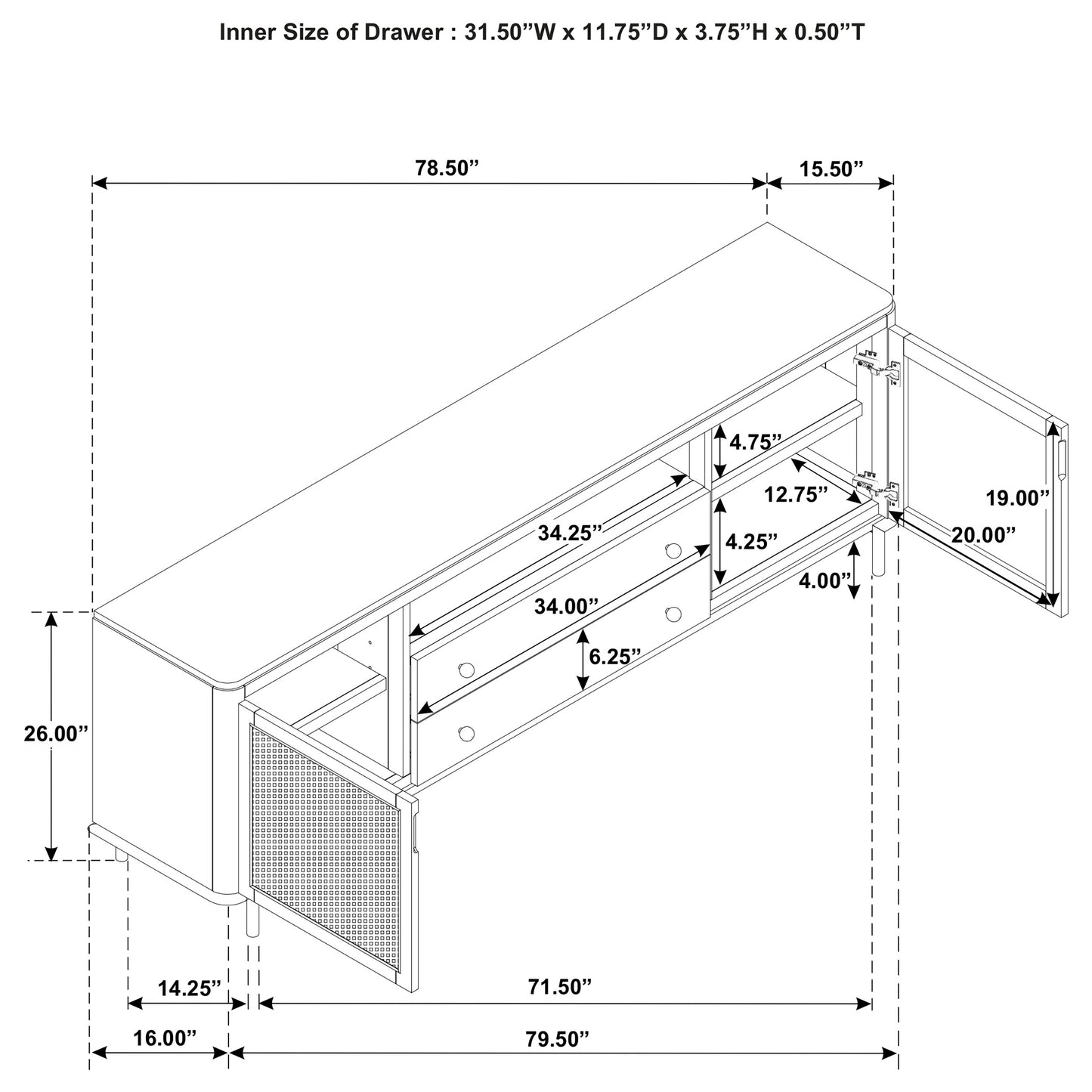 Mueble de TV de dos puertas de caña de ratán Arini, consola multimedia, color arena