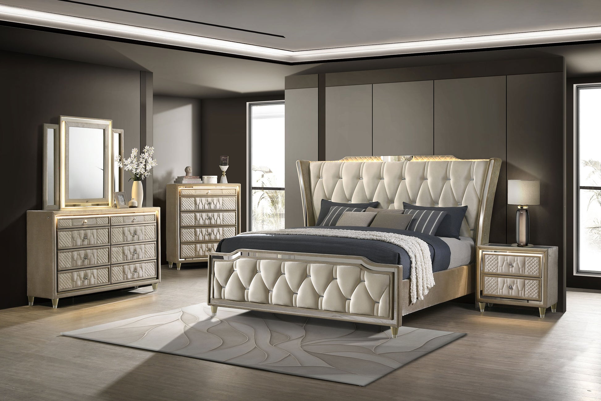 ivory bedroom dresser Maren Tall Dresser Chest, 5 Drawers And LED Light, Ivory Tufted Velvet Benjara Color: Ivory/Camel