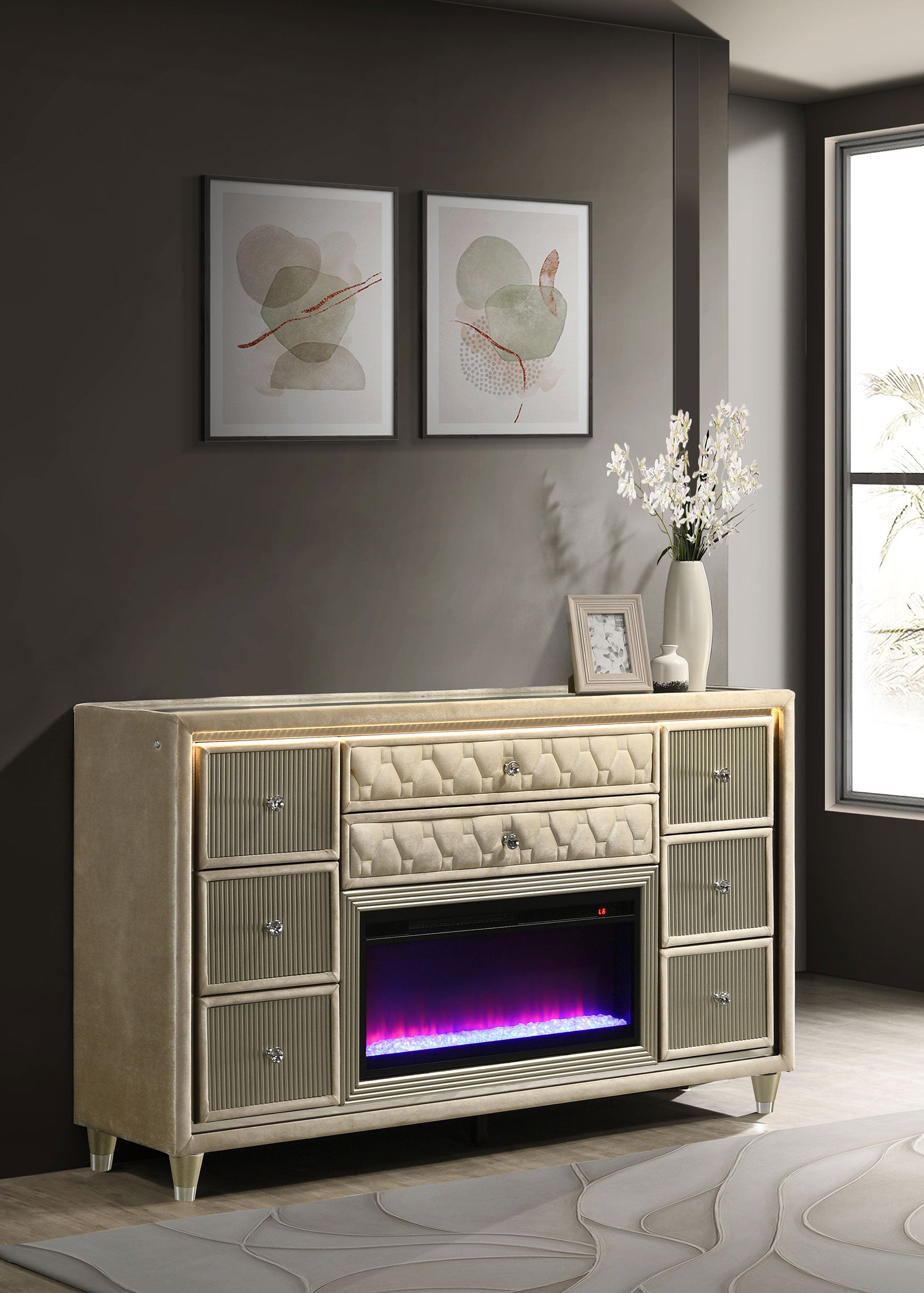Lorient 8-Drawer LED Bedroom Flame Box Dresser Ivory Camel Lorient 8-Drawer LED Bedroom Flame Box Dresser Ivory Camel