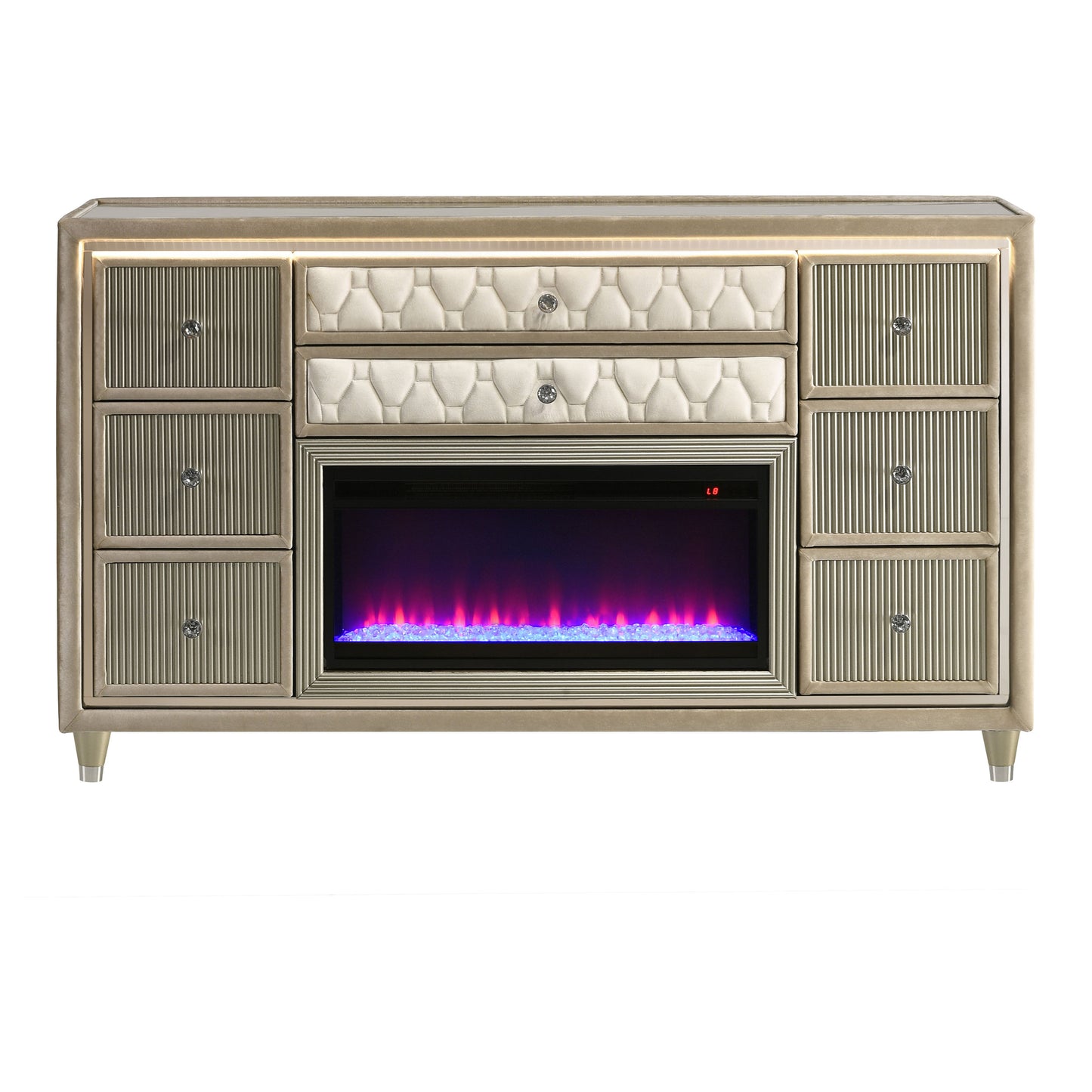 Lorient 8-drawer LED Bedroom Flame Box Dresser Ivory Camel