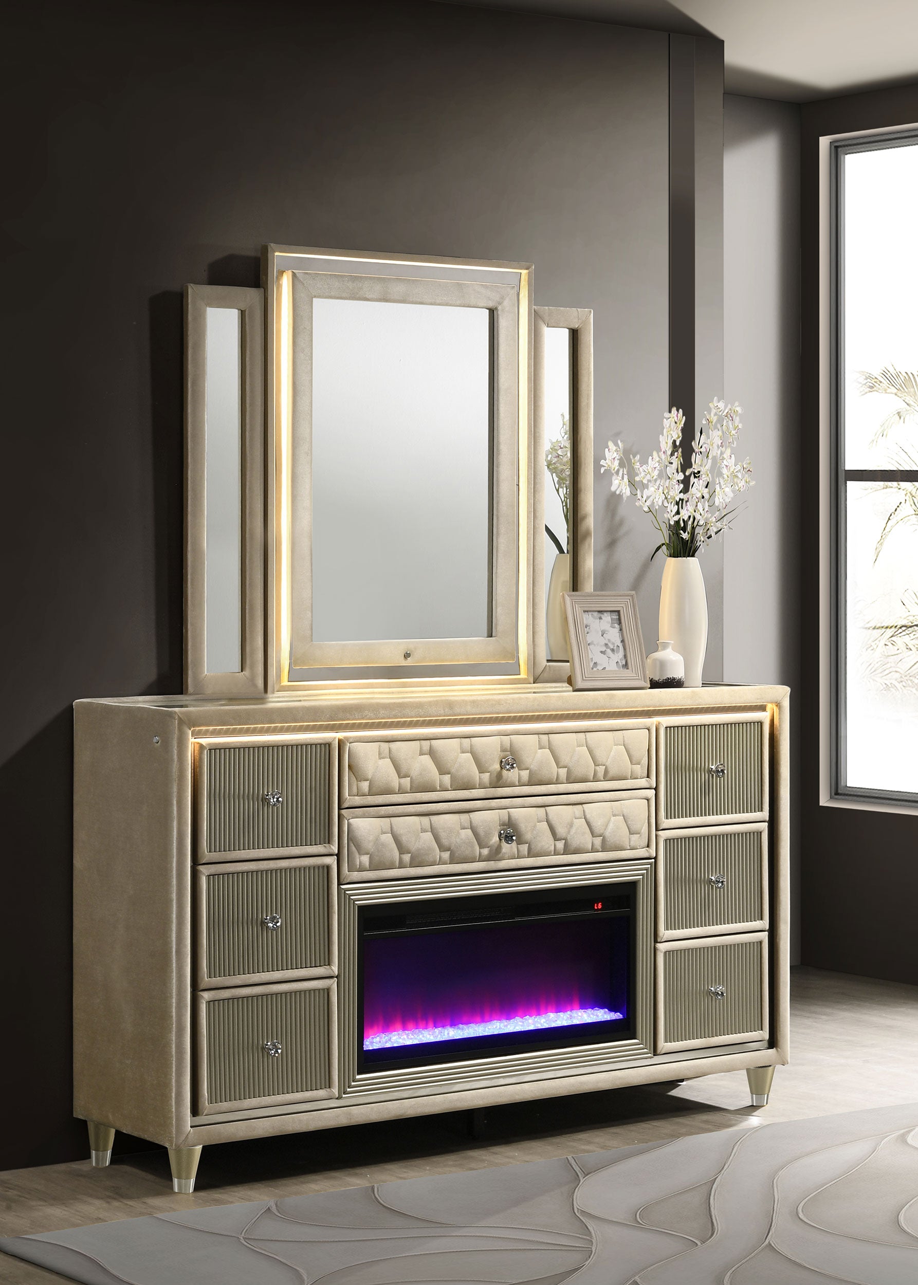 Lorient 8-Drawer LED Flame Box Dresser and Mirror Ivory Camel Lorient 8-Drawer LED Flame Box Dresser and Mirror Ivory Camel