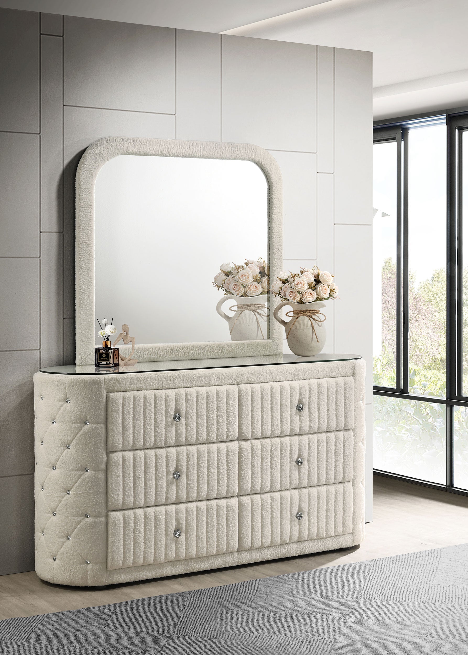 Sonya 6-Drawer Upholstered Bedroom Dresser with Mirror Ivory Sonya 6-Drawer Upholstered Bedroom Dresser with Mirror Ivory