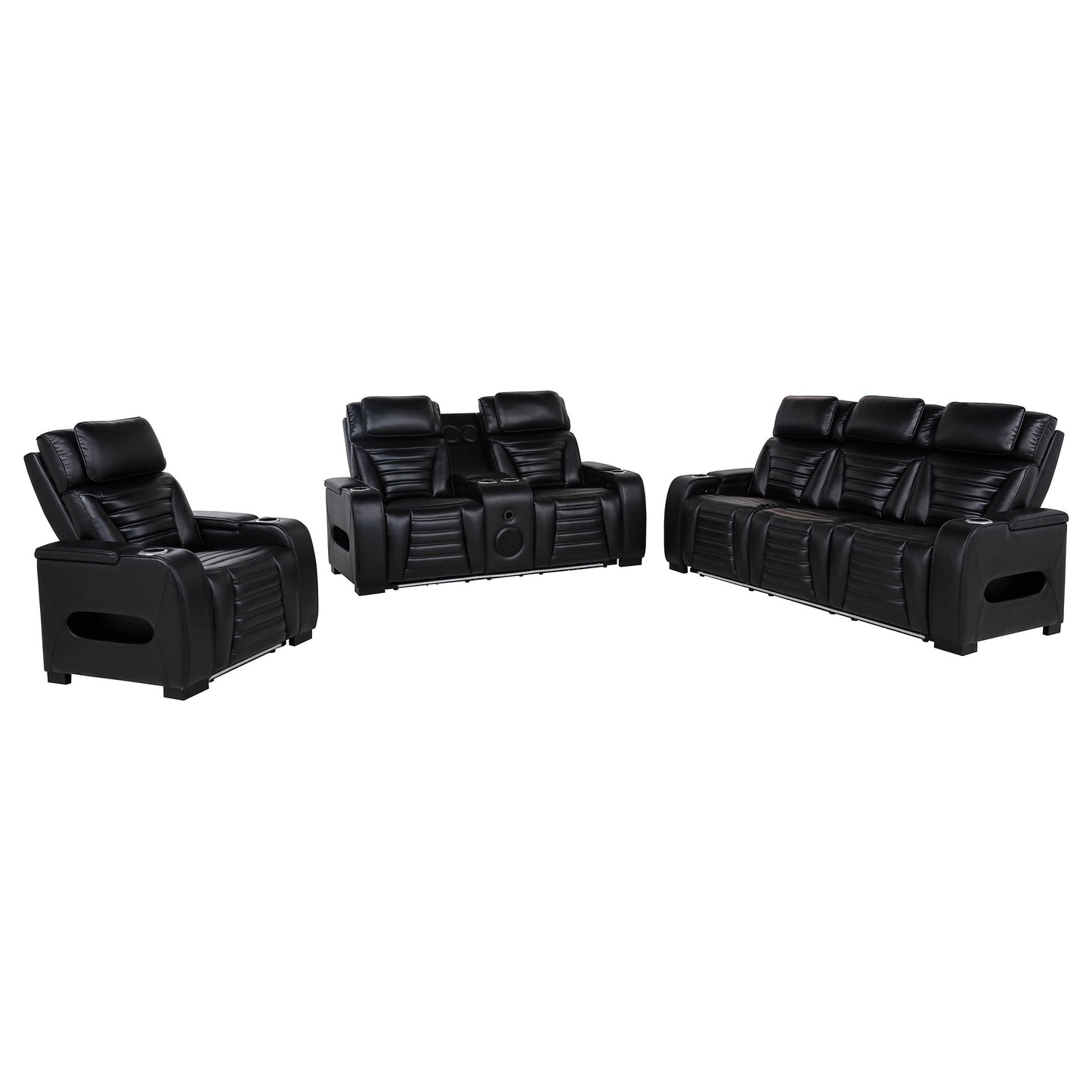 Zuma 3-piece Faux Leather Dual Power LED Sofa Set Black